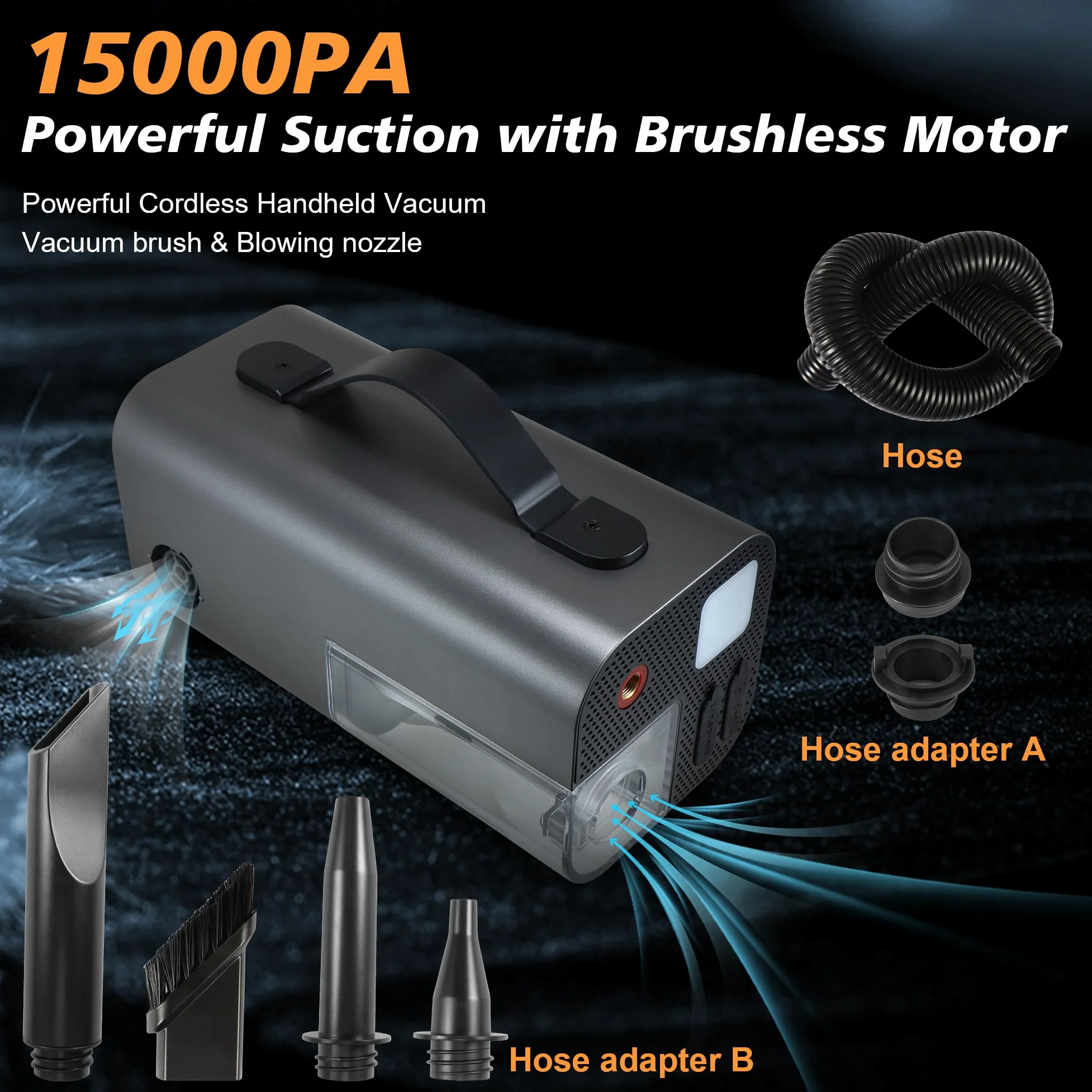 Gonfleur de pneu portable et démarreur de voiture, pompe à air de 150 PSI avec jauge numérique, lumière LED, arrêt automatique, aspiration et soufflage d'air, pour balles de voiture, moto, vélo