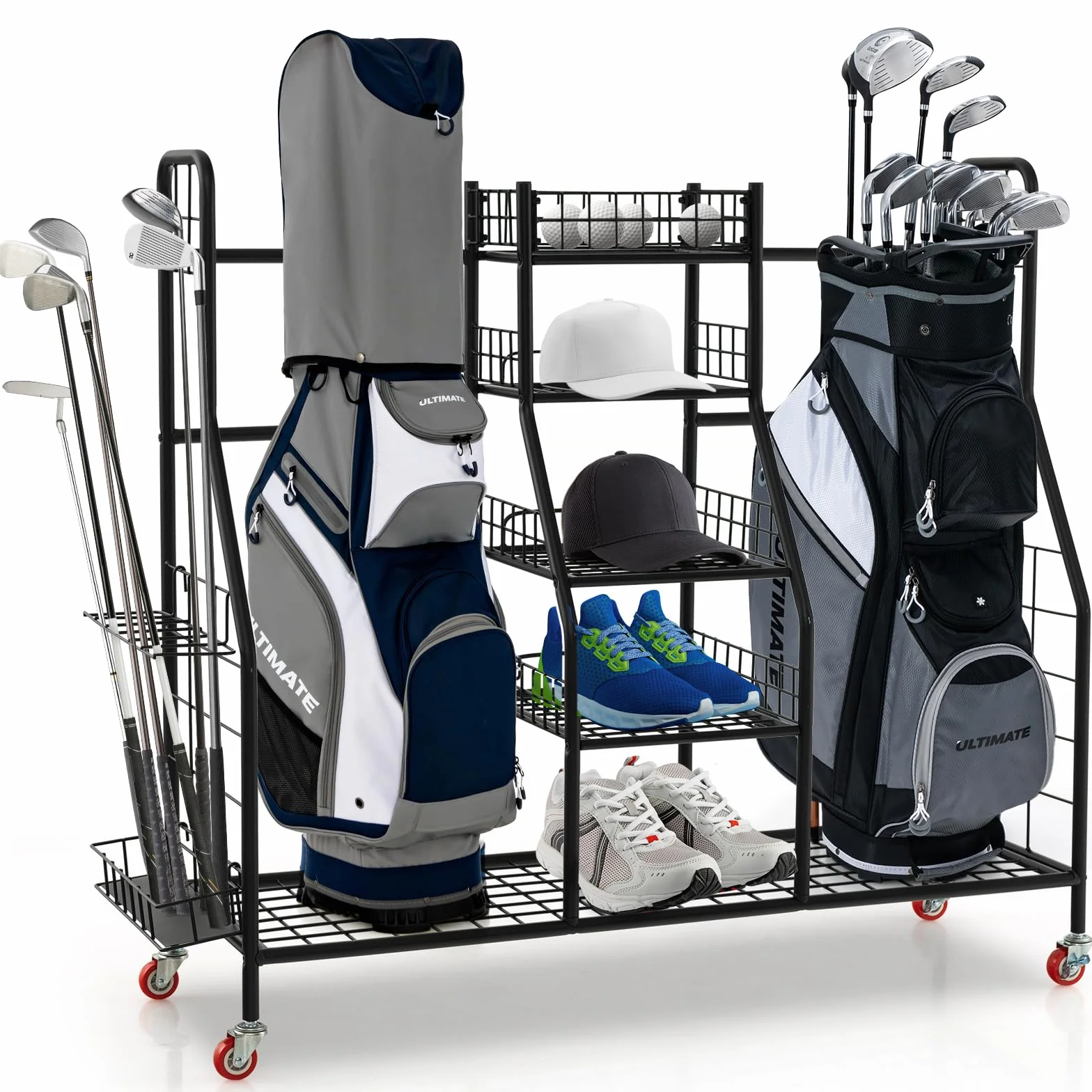 GYMAX Organiseur de Rangement Clubs de Golf Métal 4 Roues 120,5x37,5x105 cm