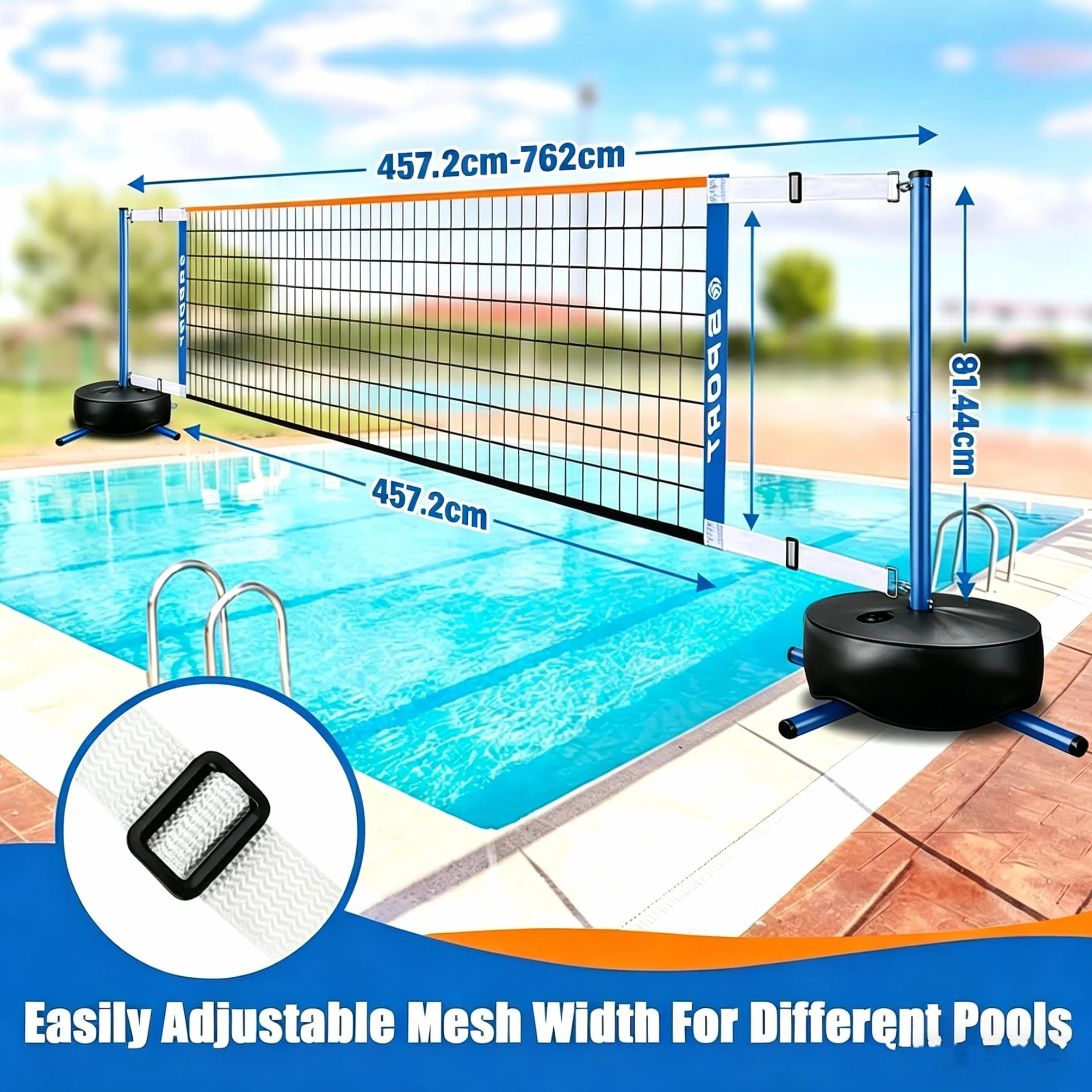 Portable Pool Volleyball Net System - Réglable 4,5-7,6 m avec Socle lesté et 2 Ballons Aquatique