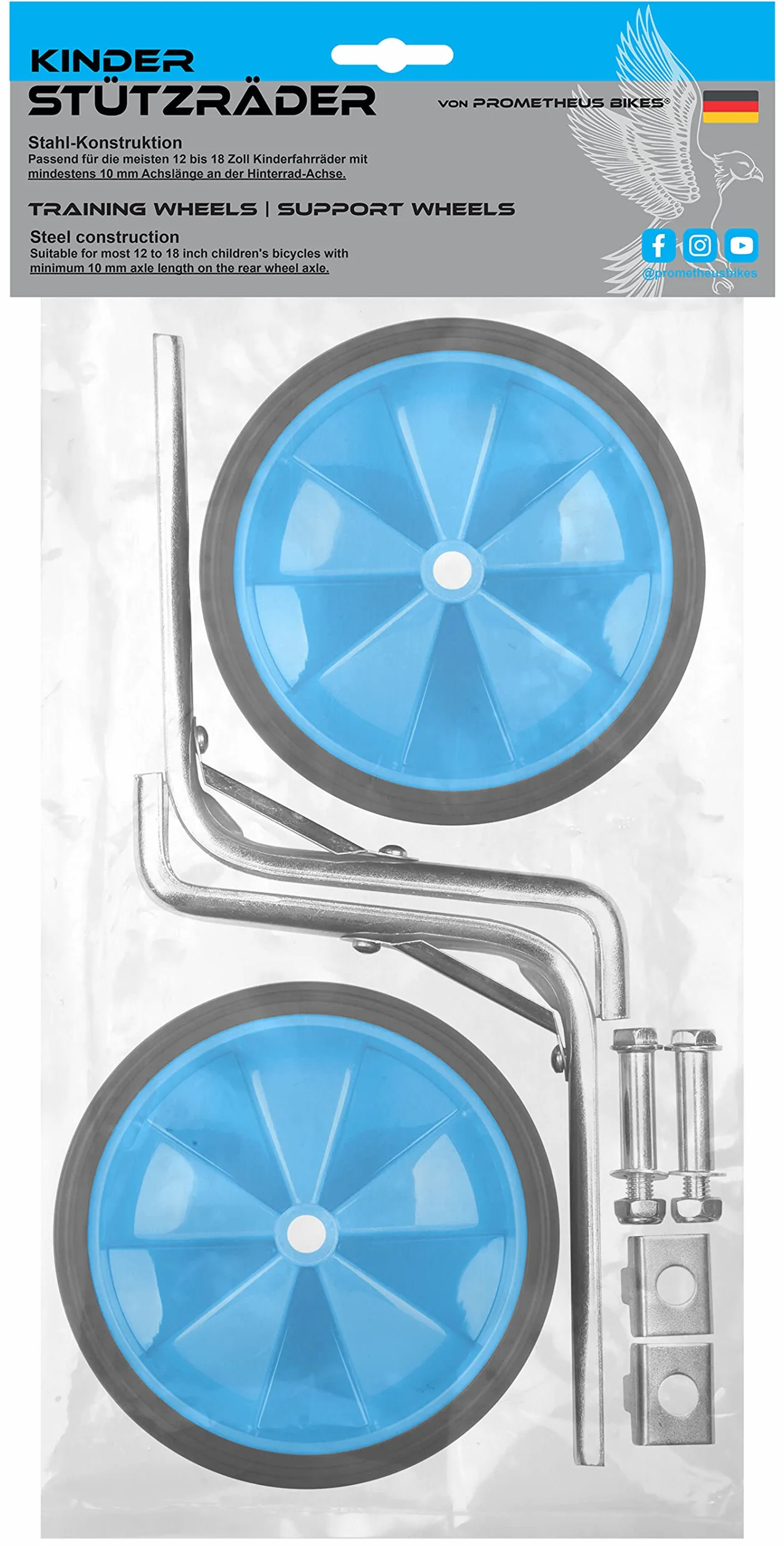 PROMETHEUS BICYCLES Petite roue velo enfant universel 12 14 16 18 pouces Stabilisateurs velos acier pneus caoutchouc bleu