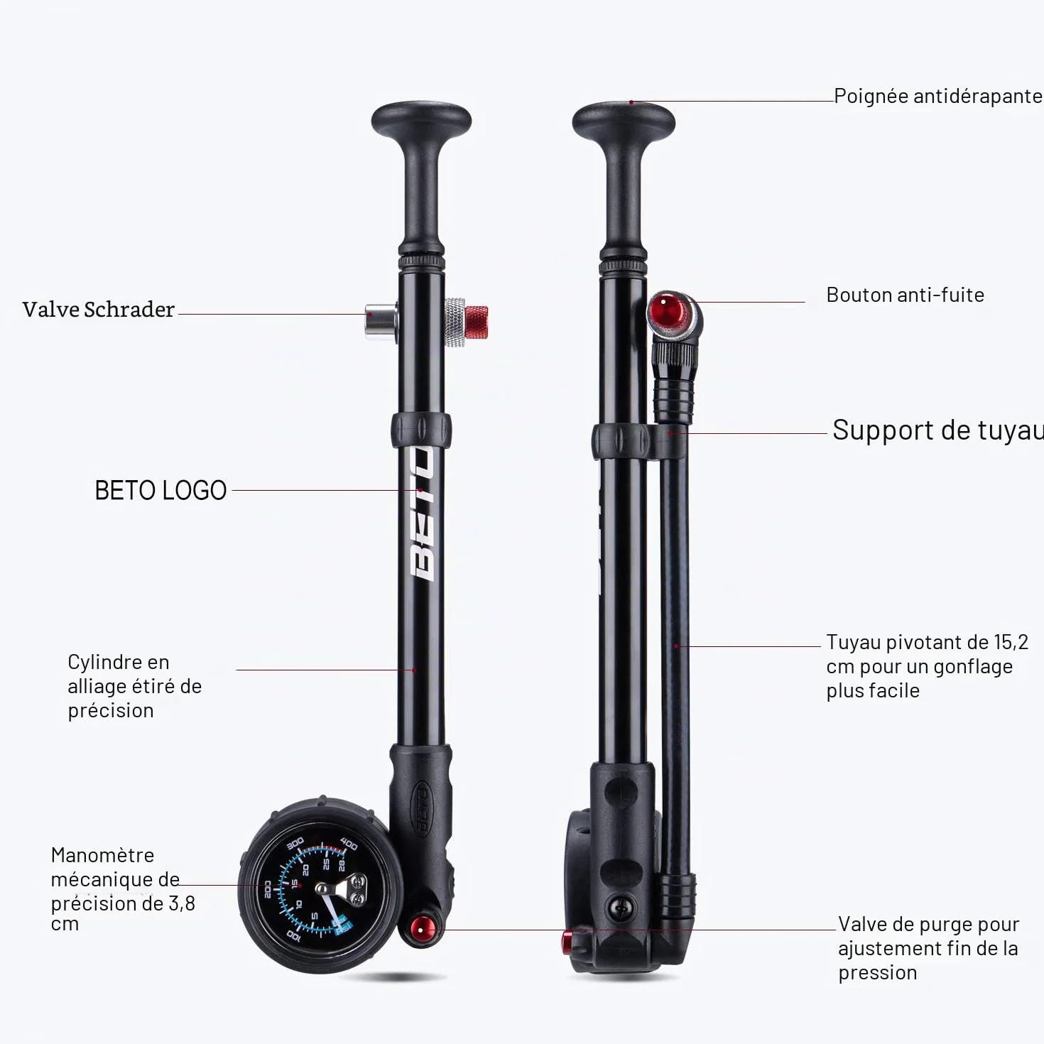 BETO Pompe à Chocs Haute Pression 400 PSI Max VTT pour Fourche et Suspension arrière Valve Schrader