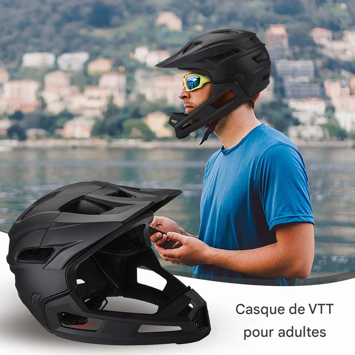 Casque Intégral VTT Adulte Avec Mentonnière Amovible et Visière Réglable Anti-Choc