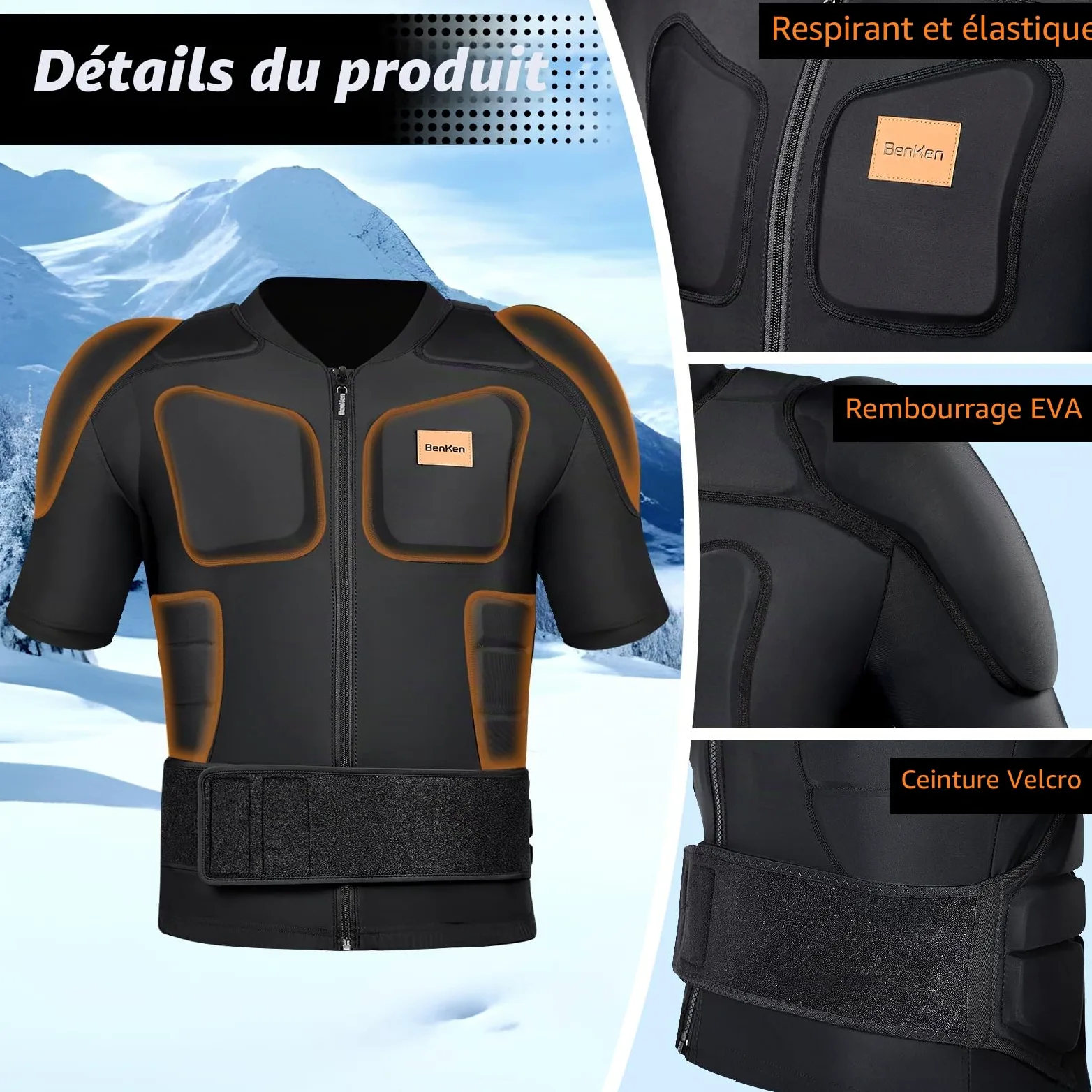BenKen Équipement de protection ultra léger pour le ski, la colonne vertébrale et le dos, vêtements anti-collision pour snowboard, patinage, ski, équitation, moto, motocross Taille M