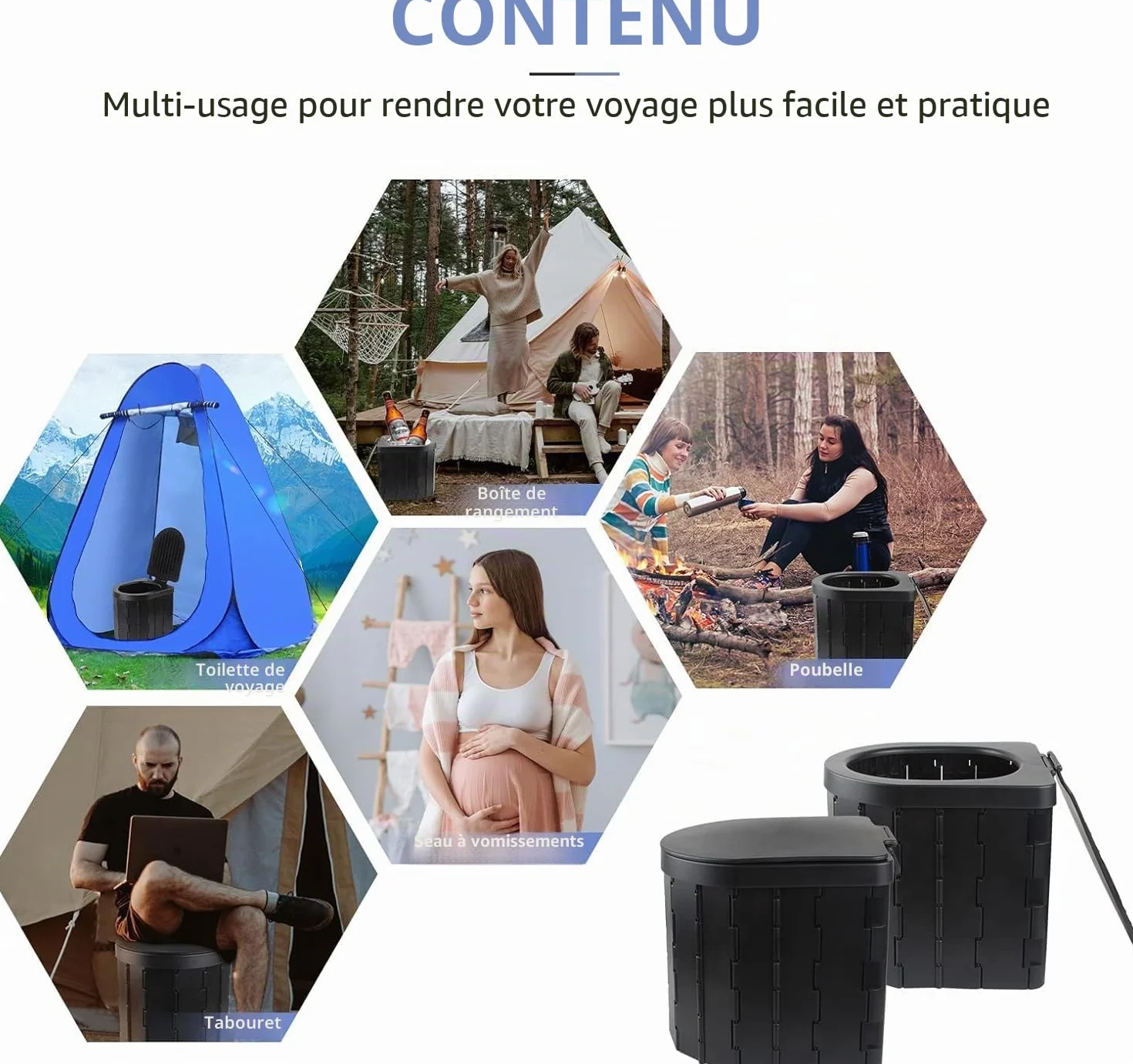 Toilettes de camping portables pliables étanches pour adultes et enfants, pot noir