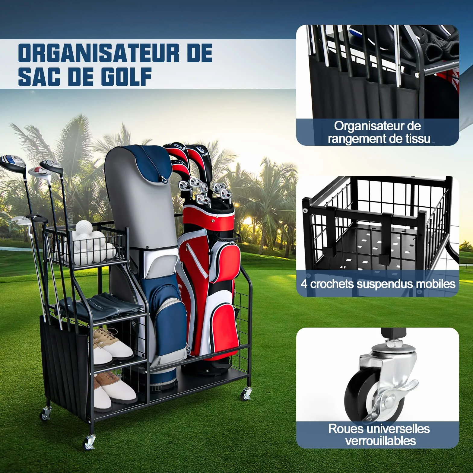 COSTWAY Support de Rangement pour Sac de Golf avec Roues Universelles Verrouillables, Organisateur de Stockage en Métal pour Accessoires Golf avec Étagère et 4 Crochets