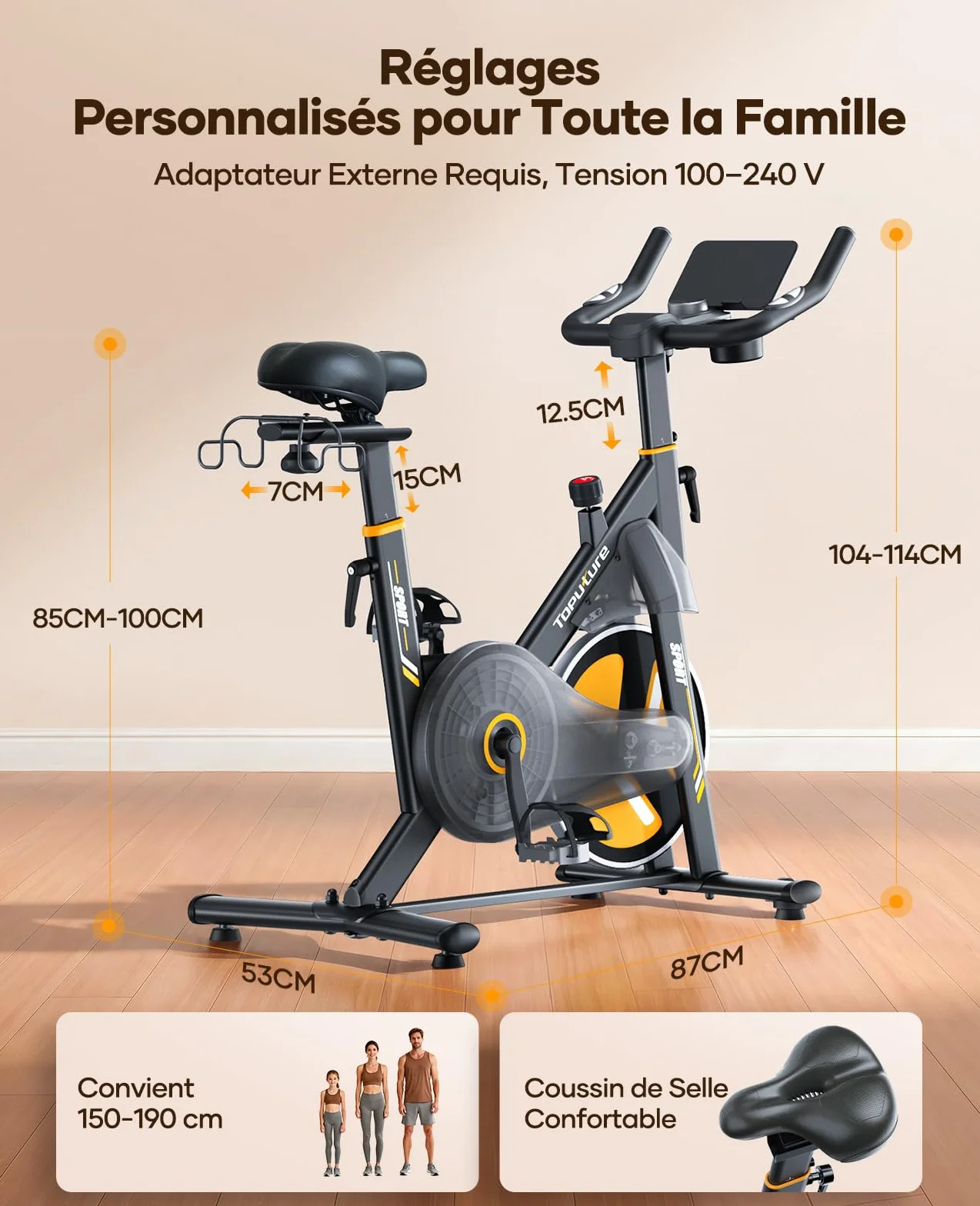 TOPUTURE Vélo d'Appartement Silencieux Résistance Magnétique Électrique 32 Niveaux Écran Tactile App Capteur Cardiaque Support Haltères 150kg