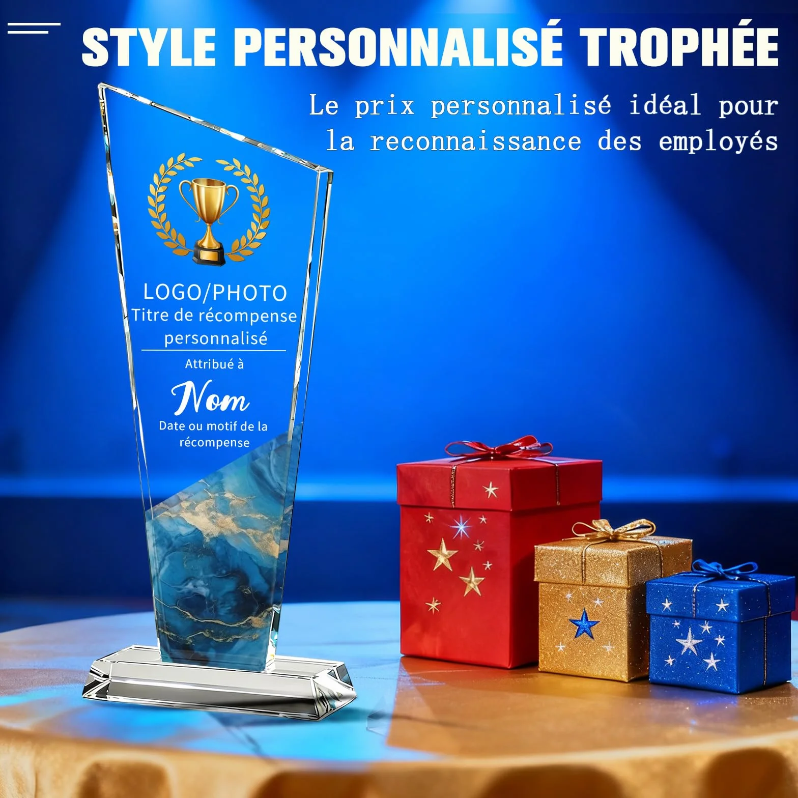 WBW Trophée Personnalisé en Cristal K9 avec Logo Photo et Texte Plaque Gravée Personnalisée 10–20 cm, Récompense en Cristal pour Employé du Mois Anniversaire Retraite Football