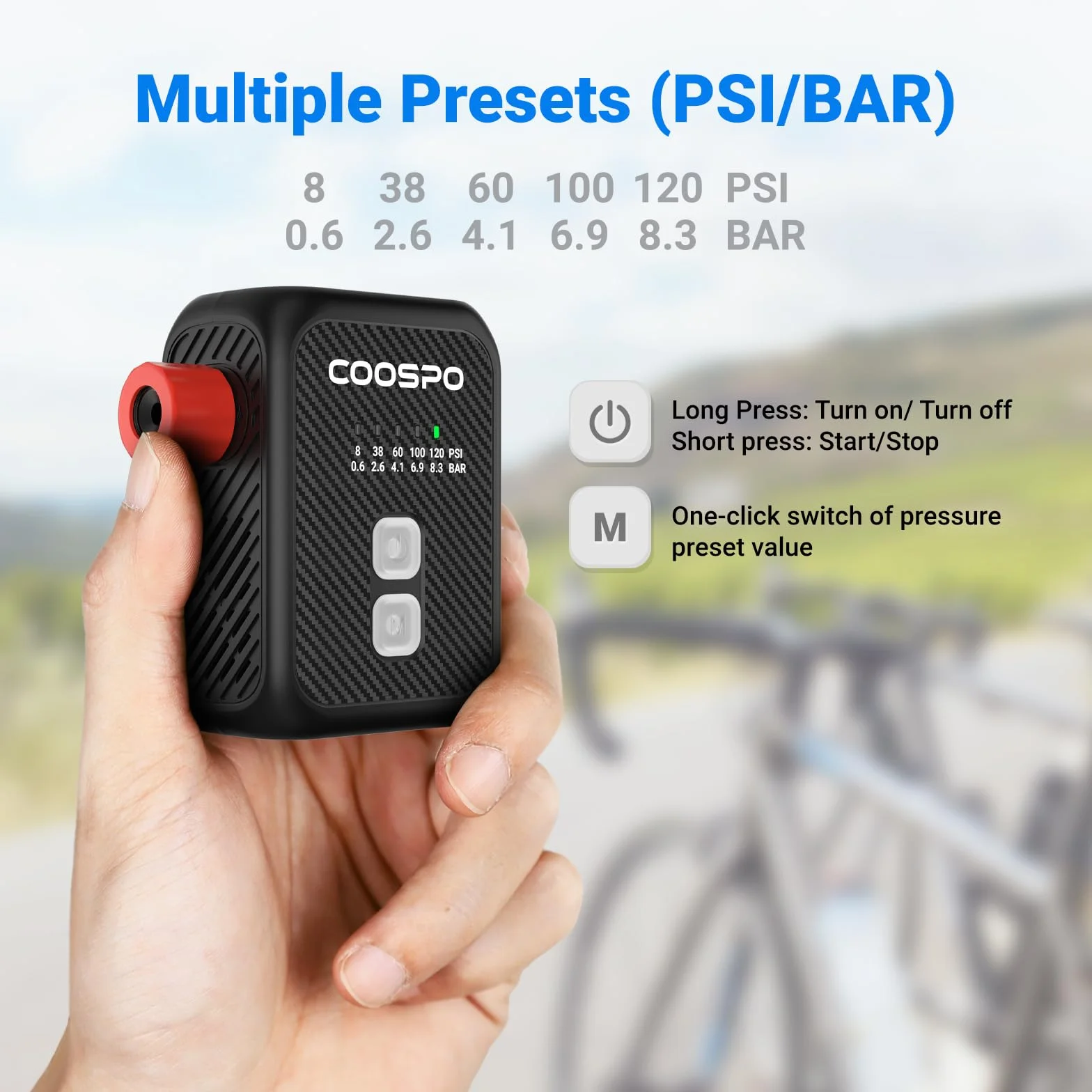 CooSpo Pompe à Velo Electrique 120 PSI avec Arrêt Automatique Presta/Schrader