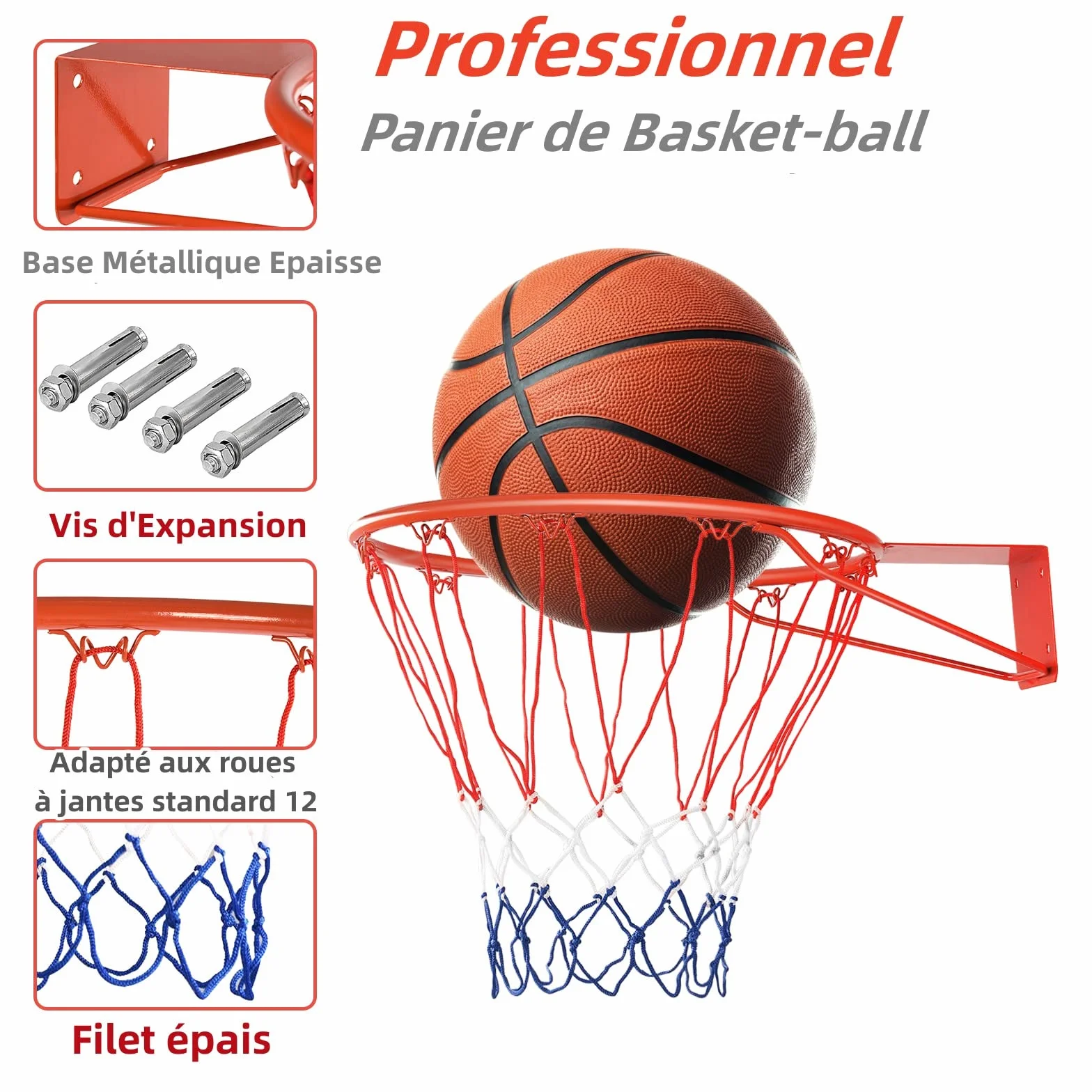 GYMAX Panier de Basketball Mural, Filet de Basket Extérieur et Intérieur, Anneau Métal Robuste, Filet PE