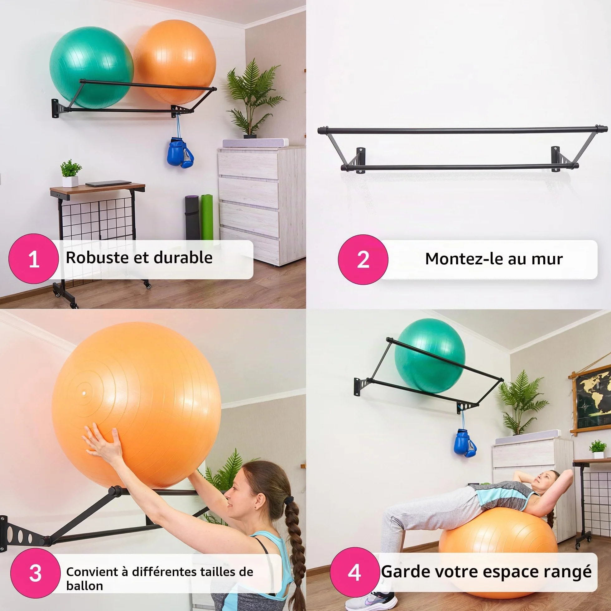 Support Mural pour Ballons d'Exercice de Fitness Stabilité Noir Mat