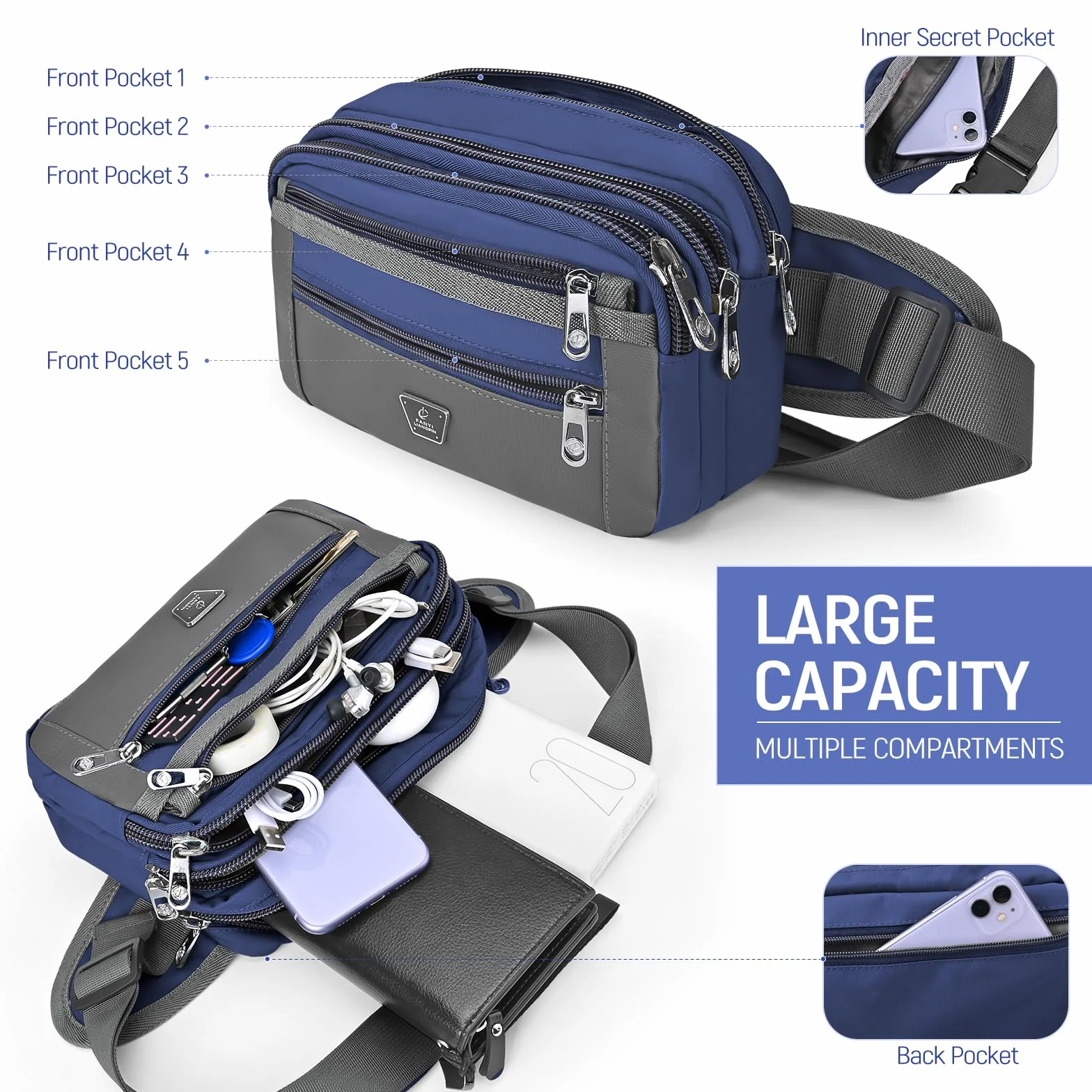 Sac Banane Homme Femme 7 Poches Zippées Sangle Réglable Grande Capacité Jogging Randonnée Cyclisme Bleu
