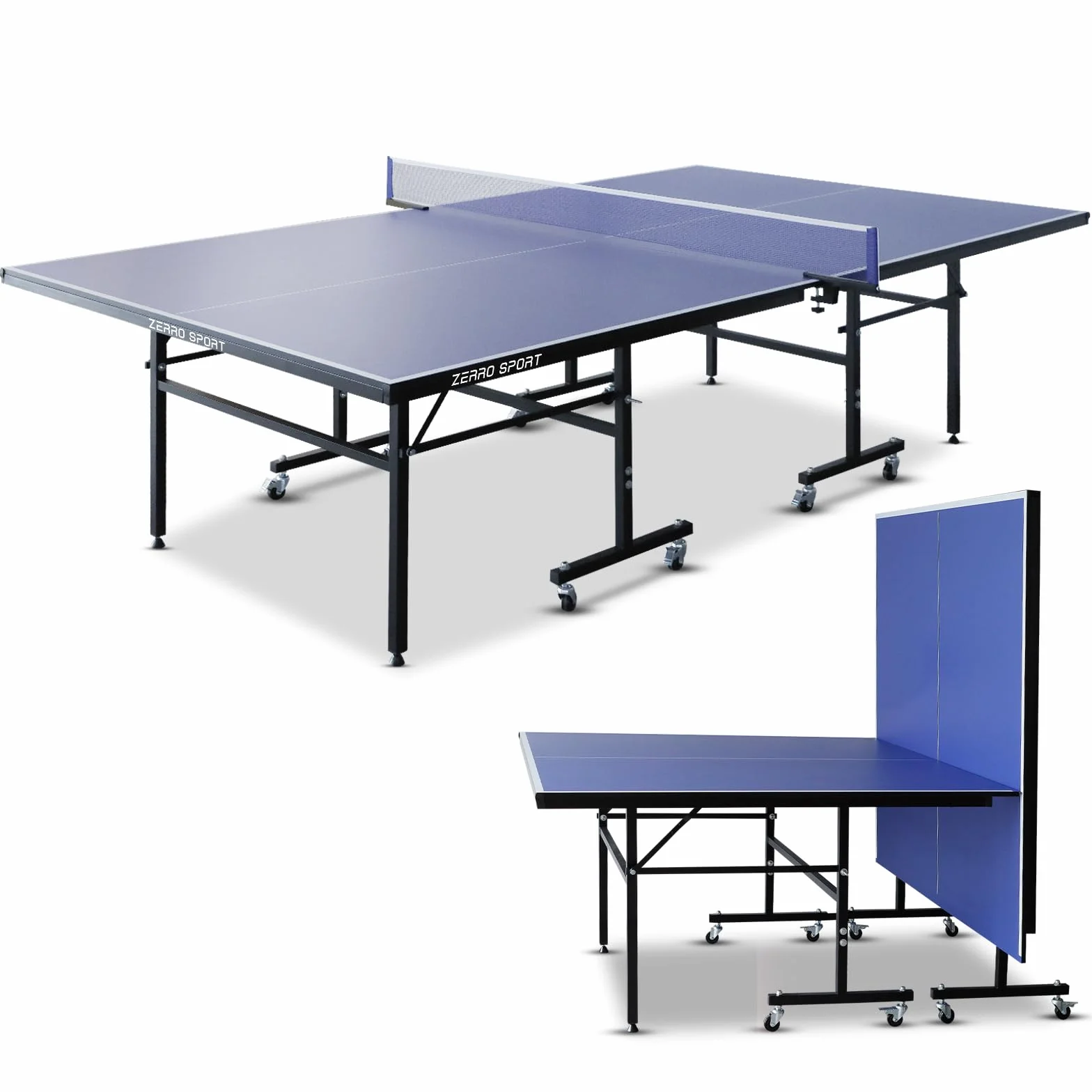 ZERRO Table de Ping Pong Pliable Intérieur, MDF 15 mm, 274x152,5x76 cm, Taille Standard Internationale avec Filet, Tables de Tennis de Table, Noir/Bleu