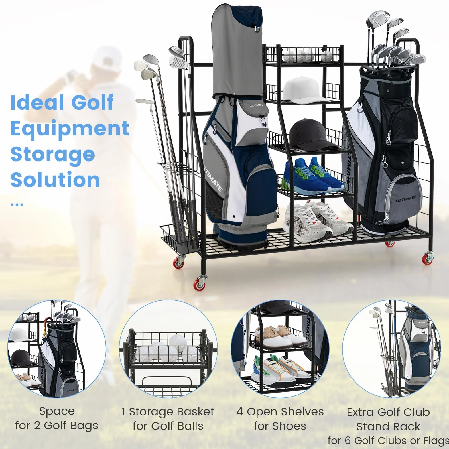 GYMAX Organiseur de Rangement Clubs de Golf Métal 4 Roues 120,5x37,5x105 cm