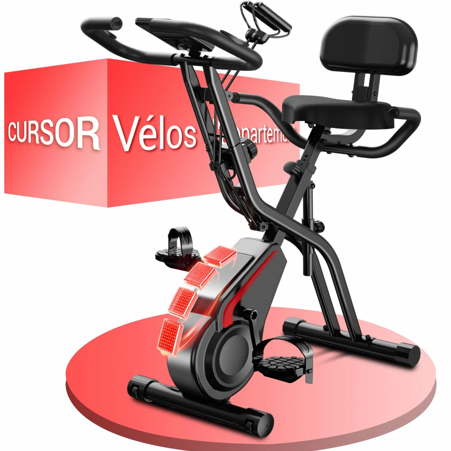 Vélo d'appartement pliable CURSOR 5-en-1, résistance silencieuse 16 niveaux, écran LED, cardiofréquencemètre