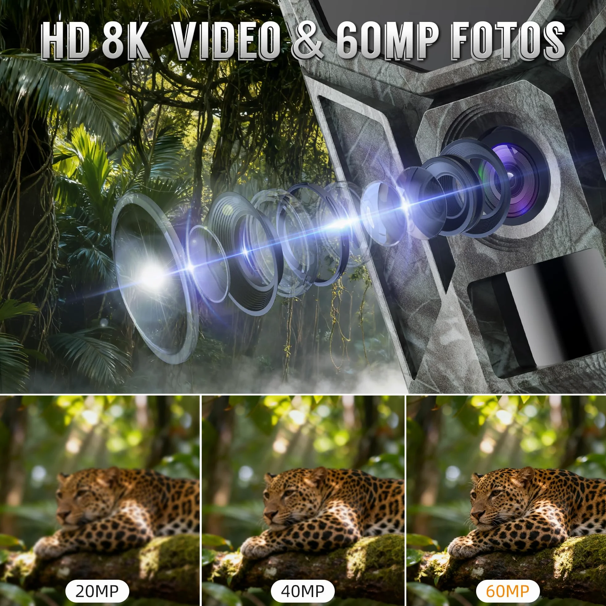 Caméra de chasse solaire 8K avec application illimitée gratuite, batterie 7800 mAh, vision nocturne 850 nm, détection de mouvement 0,1 S, étanche IP66, avec carte mémoire de 32 Go, caméra pour