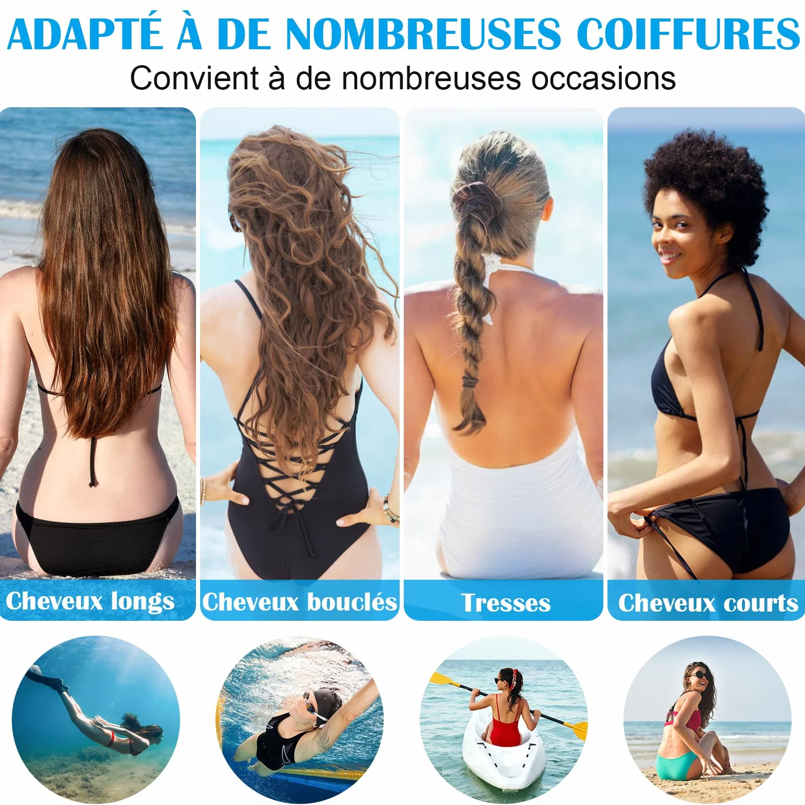 Bonnets de Bain Élastique en Tissu Polyester pour Natation, Cagoule Piscine pour Cheveux Longs Femme Homme Enfant
