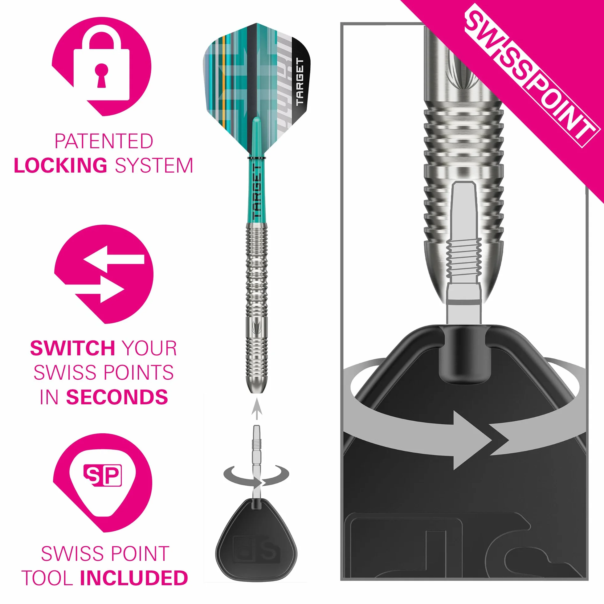 Target Darts Hydro Jeu de Fléchettes à Pointe en Acier 21G-26G 90% Tungstène Swiss Point Argentées