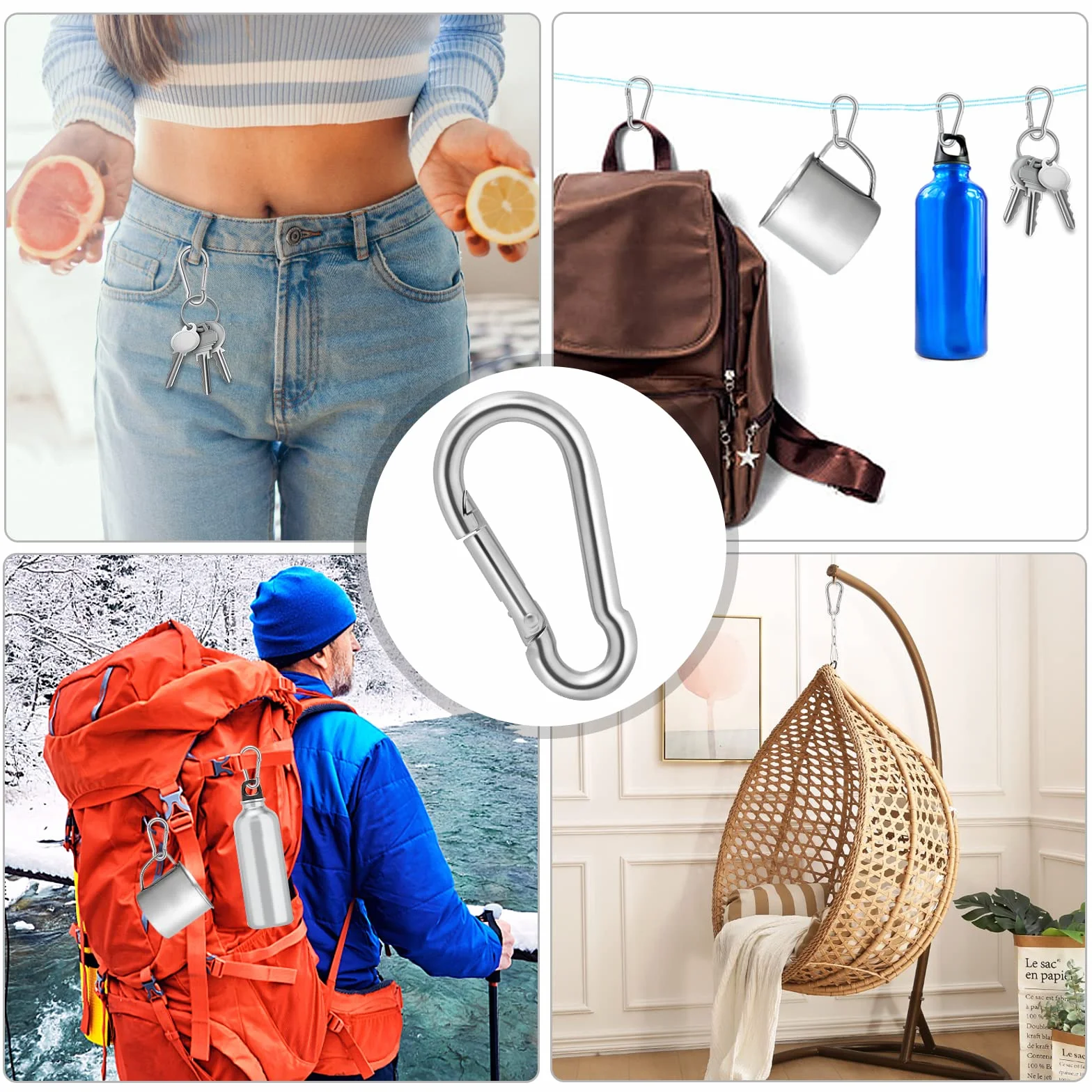 Lusofie 8 Pièces Mousqueton Clip à Ressort en Acier Inoxydable pour Randonnée Alpinisme Camping Pêche