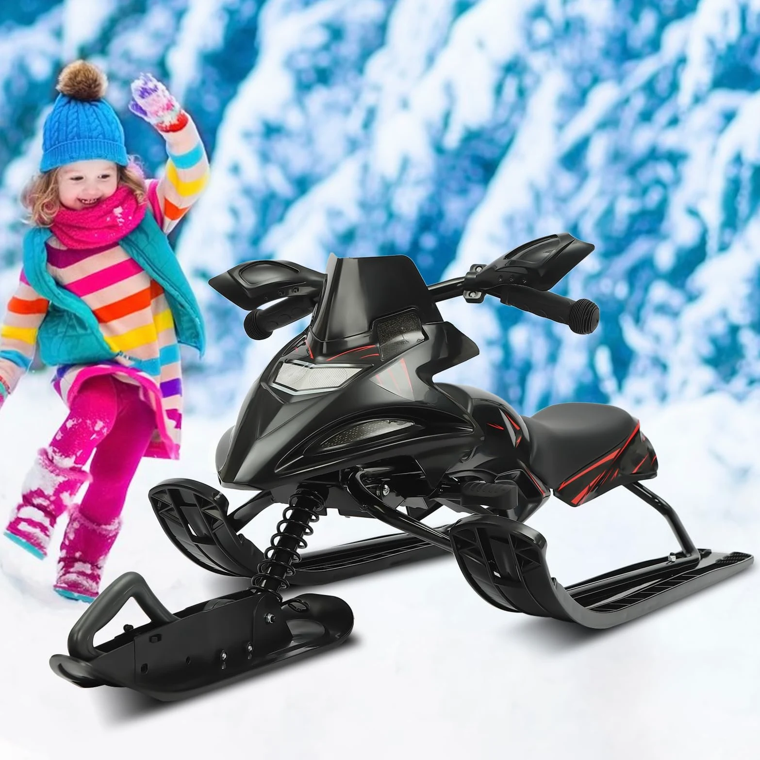 Luge de direction pour enfants avec freins, idéale pour les sports de neige en polyéthylène et fer, convient aux enfants de plus de 3 ans, avec rembourrage réglable et capacité de charge stable