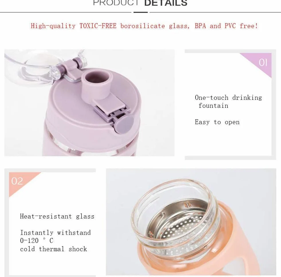 Bouteille d'eau en verre avec manchon en silicone antidérapant, anti-fuite, sans BPA, respectueux de l'environnement pour boissons chaudes et froides, idéale pour l'école, la maison, le bureau, les