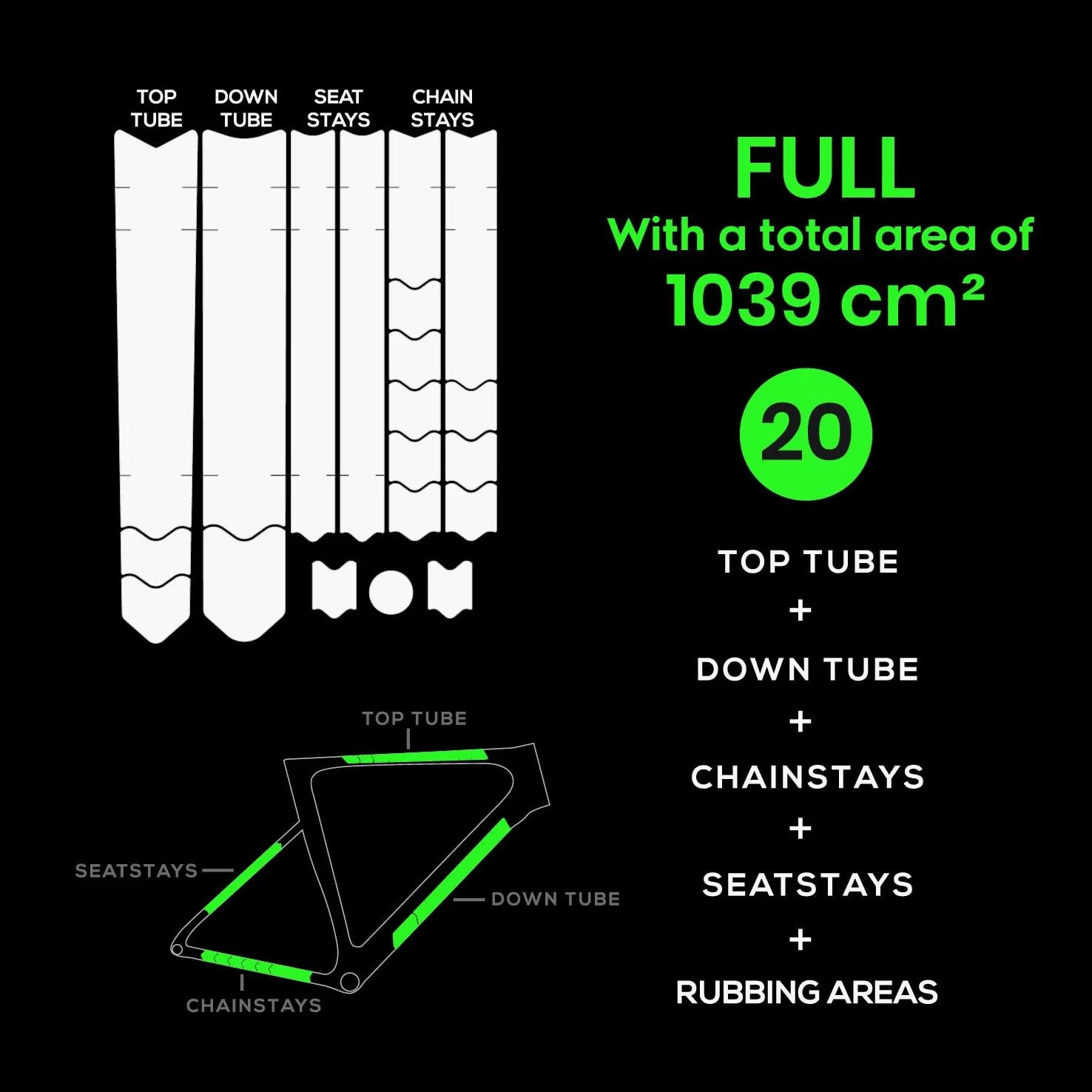 Chooee Lot de 20 autocollants de protection pour cadre de vélo de route/gravier, pour tubes supérieurs et inférieurs, fourche supérieure et inférieure arrière, noir/transparent