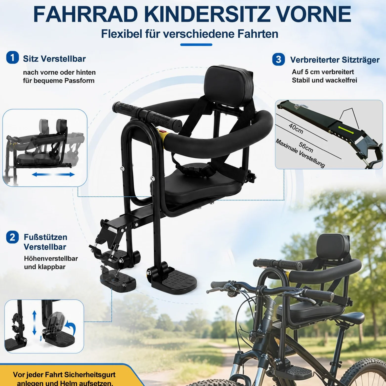Siège avant de vélo pour enfant avec poignée de rampe, siège de vélo pour enfant et pédales rétractables, selle amovible pour adultes, VTT, vélos pliants, vélos de ville