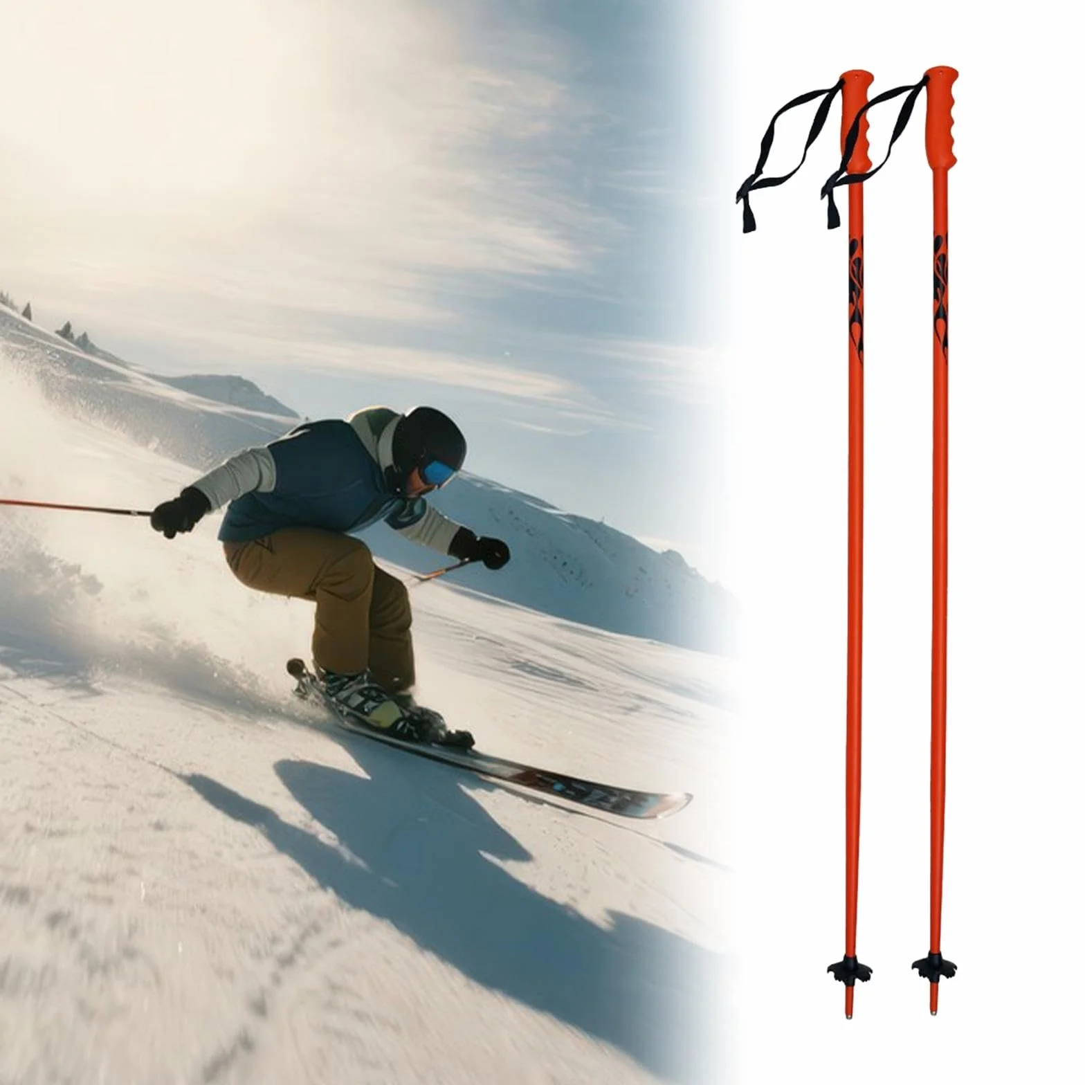 Bâtons de Ski Aluminium Monobloc Lot de 2, Équipement Ski Extérieur Polyvalent, Orange Fluorescent