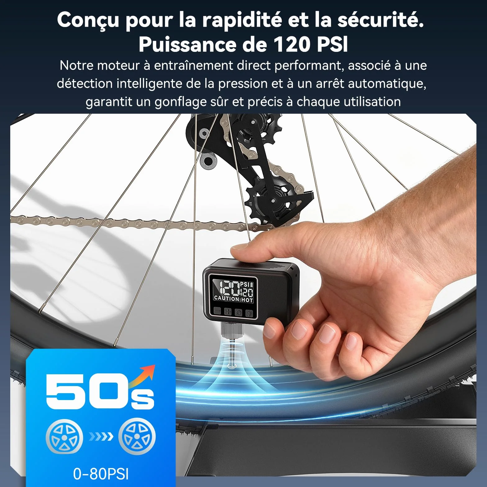 Pompe à Vélo Électrique avec Manomètre 120 Psi, Arrêt Automatique, Valves Presta et Schrader pour VTT et Vélos de Course