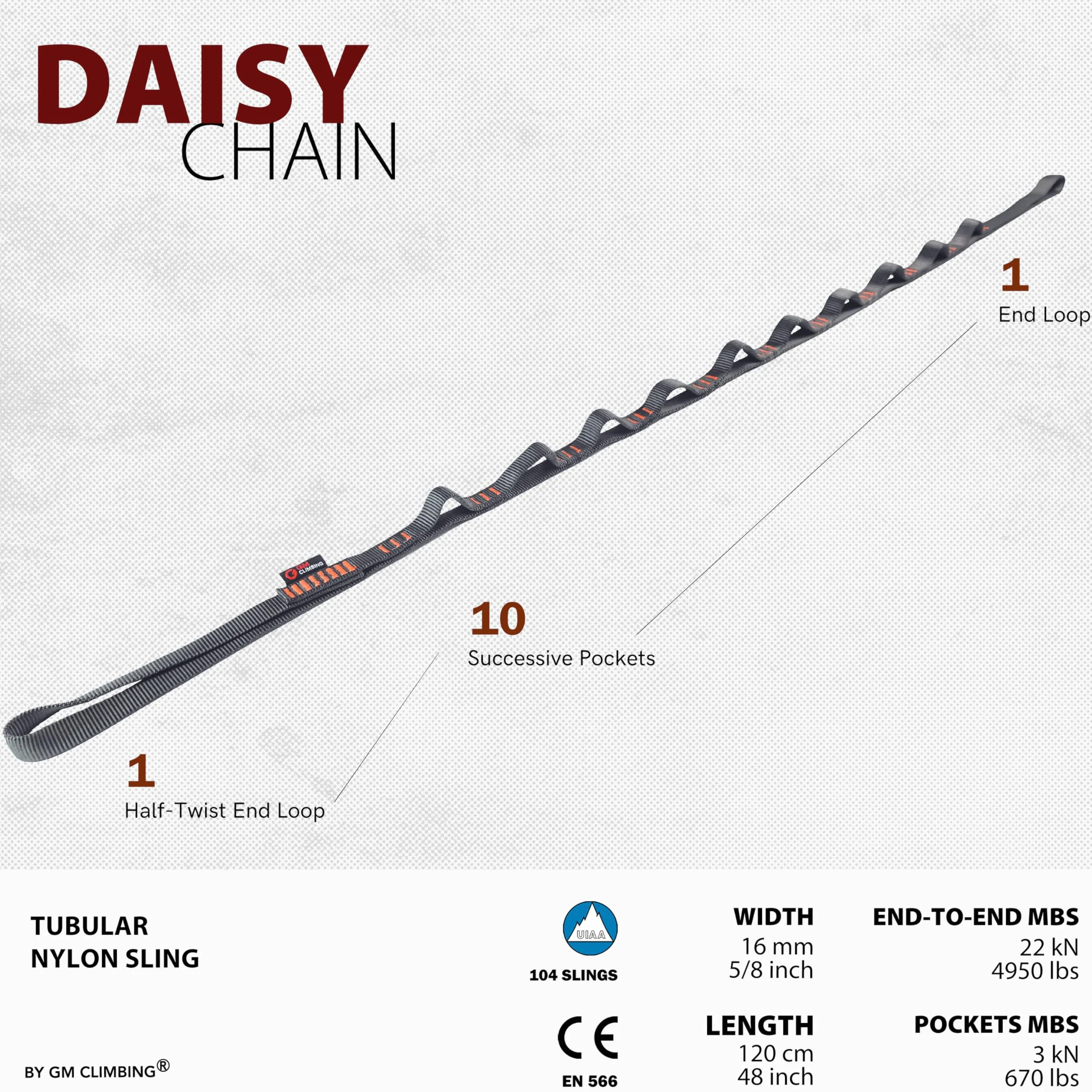 GM CLIMBING Chaîne en nylon 16 mm 22 kN 120 cm CE UIAA