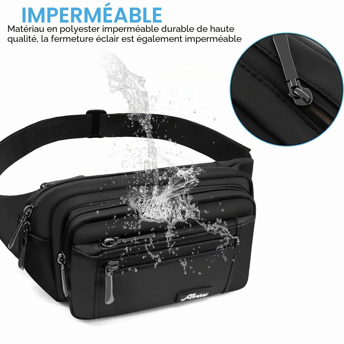 HNOOM Sac Banane Imperméable Homme Femme avec 5 Poches Sangle Réglable Grande Capacité Noir