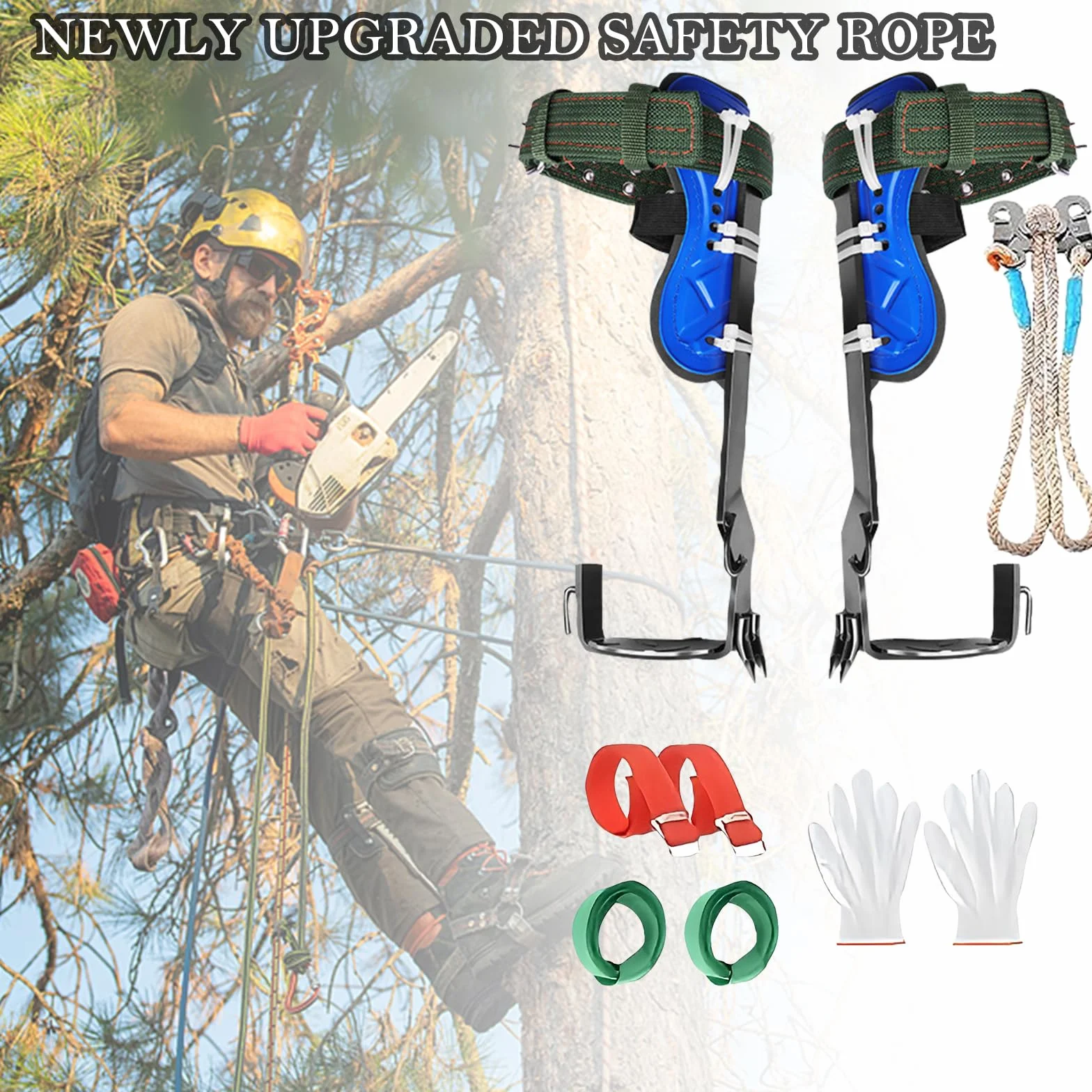 Kit d'Escalade sur Arbre avec Griffes d'Élagage Double Dents Trempées, Baudrier Ajustable et Corde de Sécurité 3M pour Arboriculture