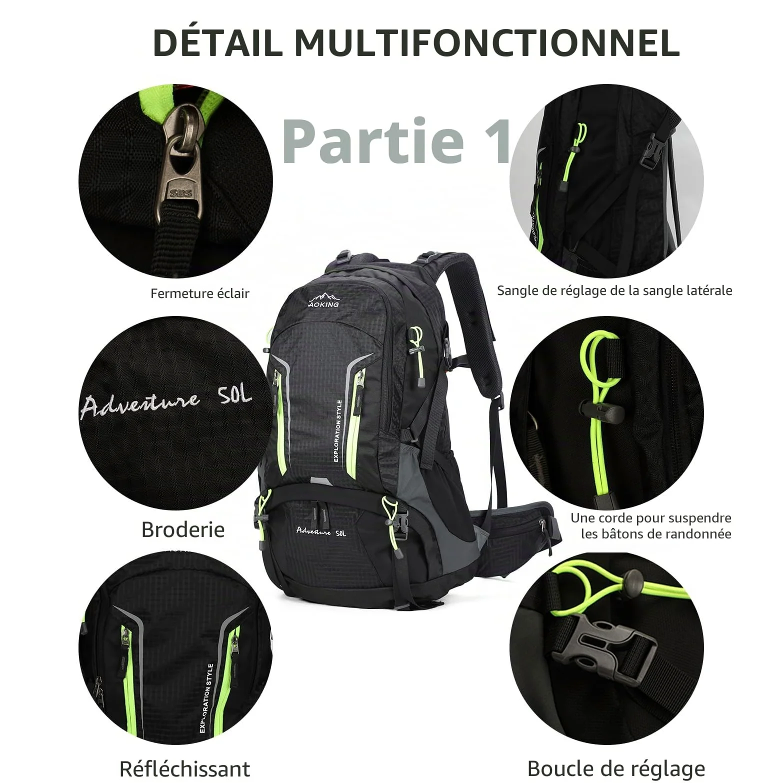 Aoking, Sac à dos de randonnée/escalade, 40L_YJN79807,50L_YJN67363, éléments standard : panneau en maille Airflow amovible, étanche, sifflet SOS, protection contre la pluie, options : poche à eau 2