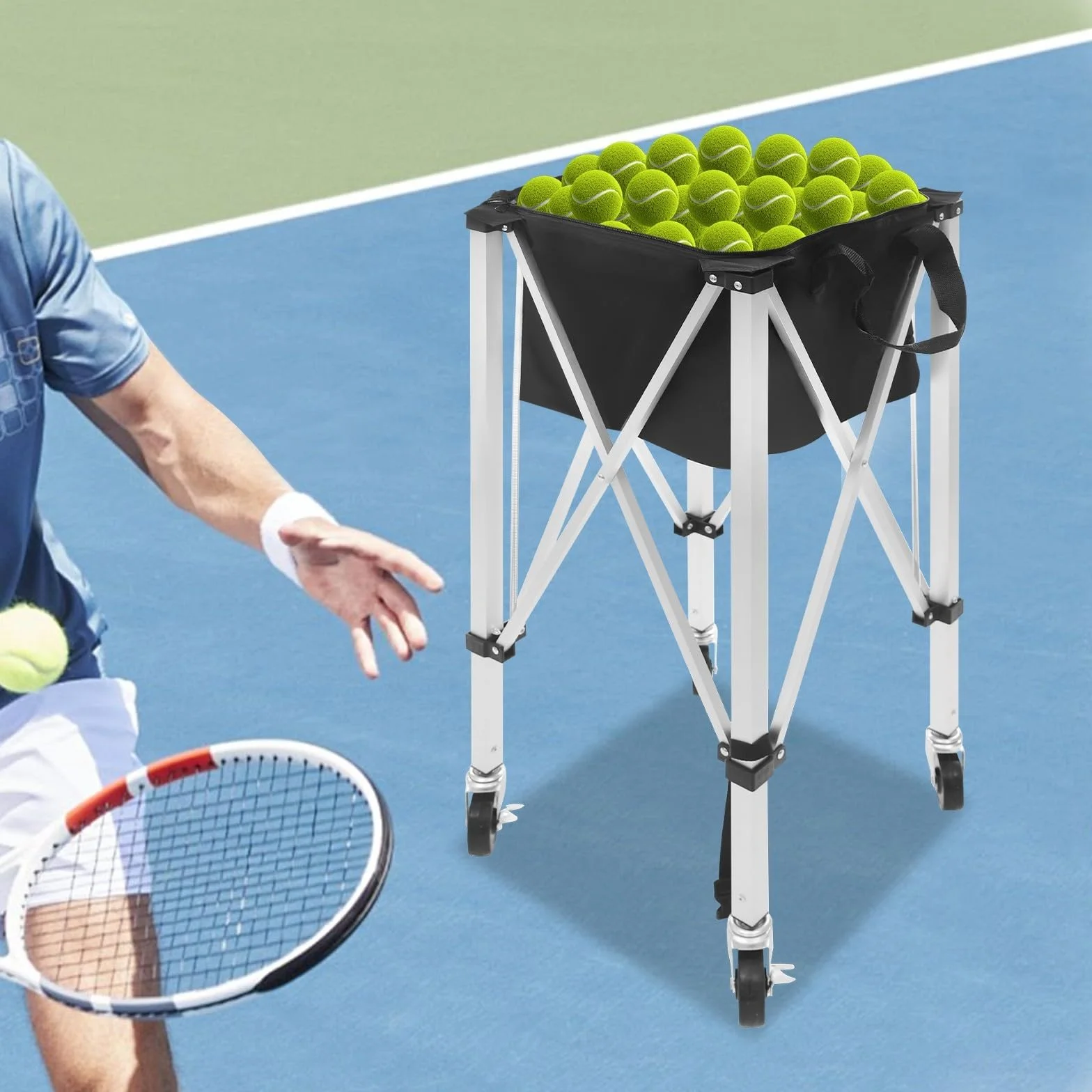 Panier à balles de tennis pliable avec roues pour balles de 150 à 170 balles en aluminium Oxford pour courts de tennis, écoles, parcs à la maison, avec poignée de transport pratique