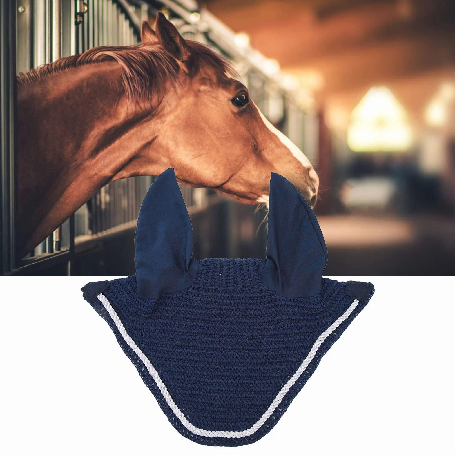 Alomejor Bonnet d'oreille de Cheval élastique, Filet d'oreille de Cheval, Crochet à la Main, Cache-Oreilles de Cheval pour Protéger Les Oreilles, Bleu Marine