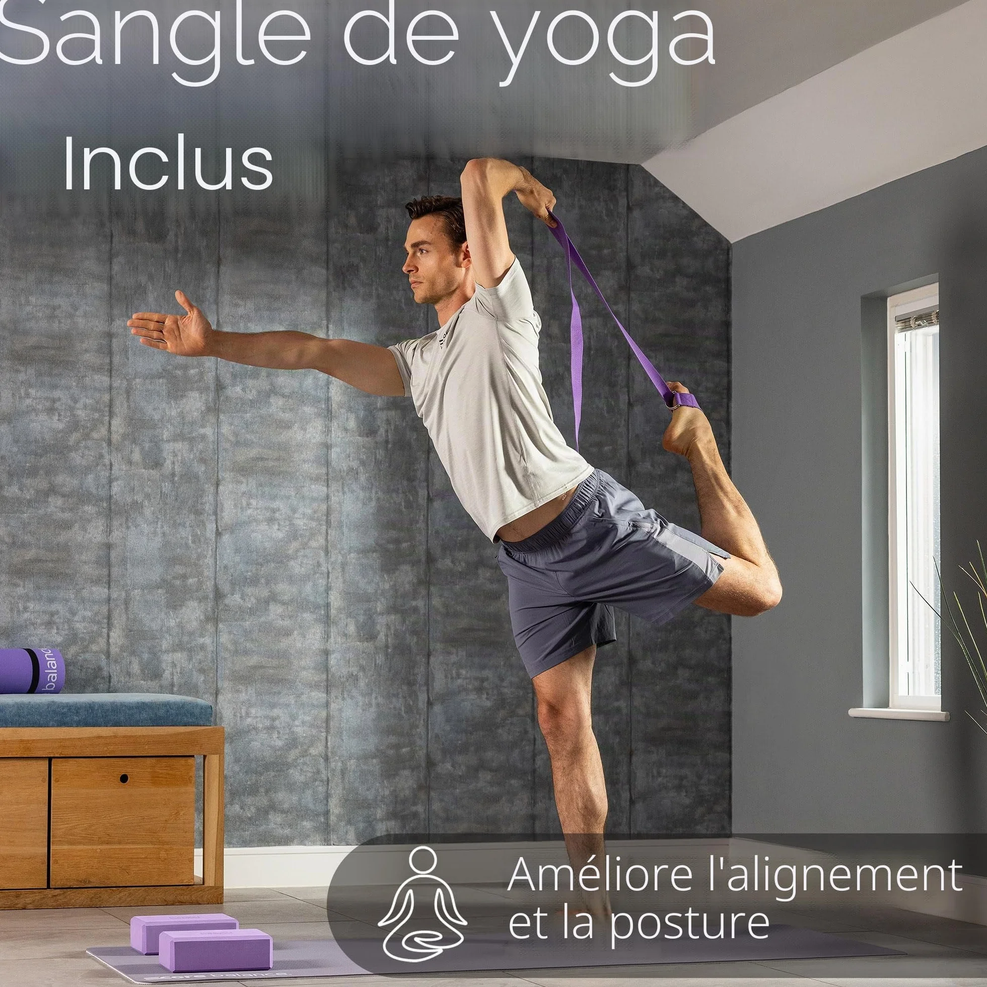 Blocs de Yoga Lot 2 + 1 Sangle Mousse EVA Haute Densité pour Stretching Fitness Pilates