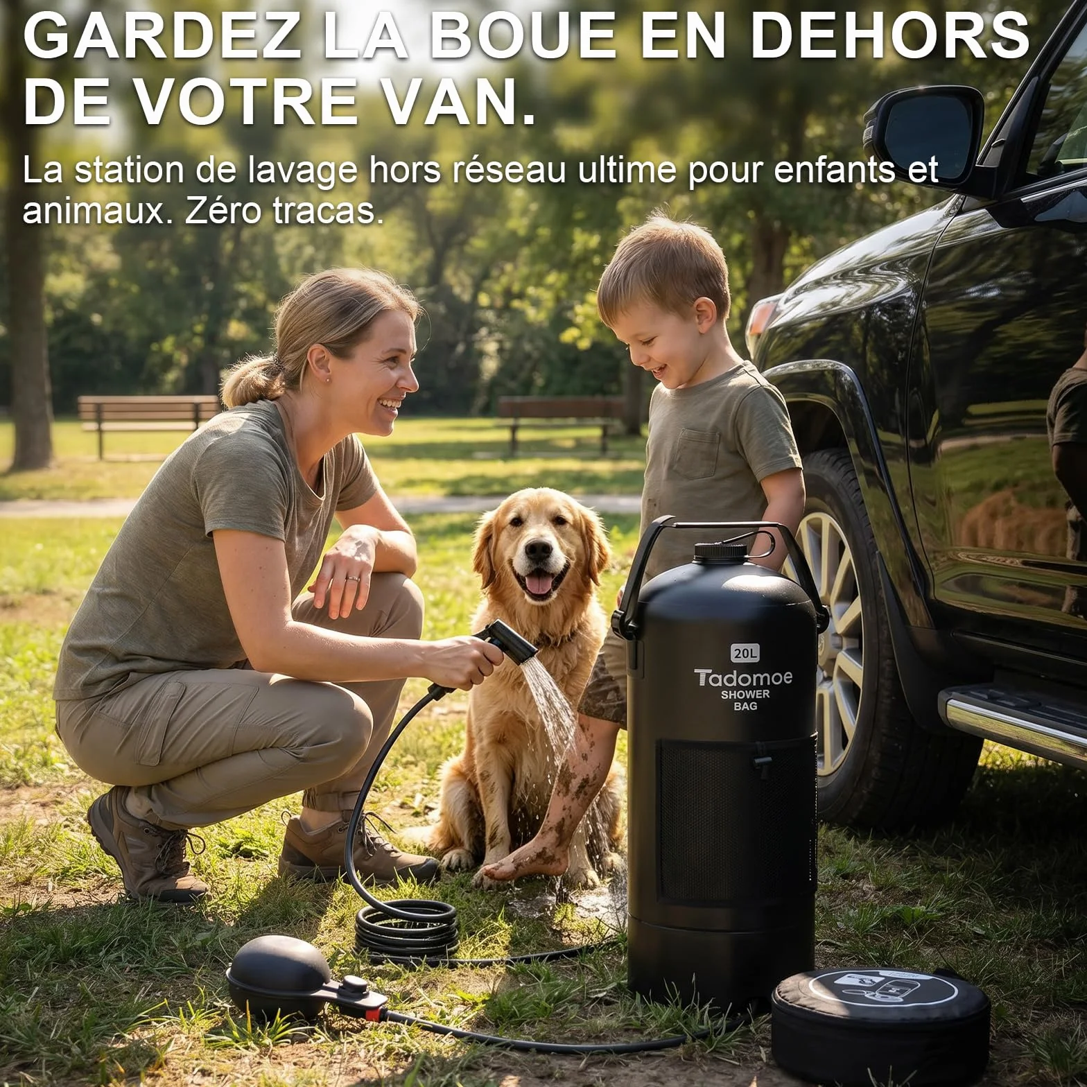Douche Solaire Camping Portable 20L avec Pompe à Pied et Tuyau 2m - Sac de Douche Extérieur Pliable