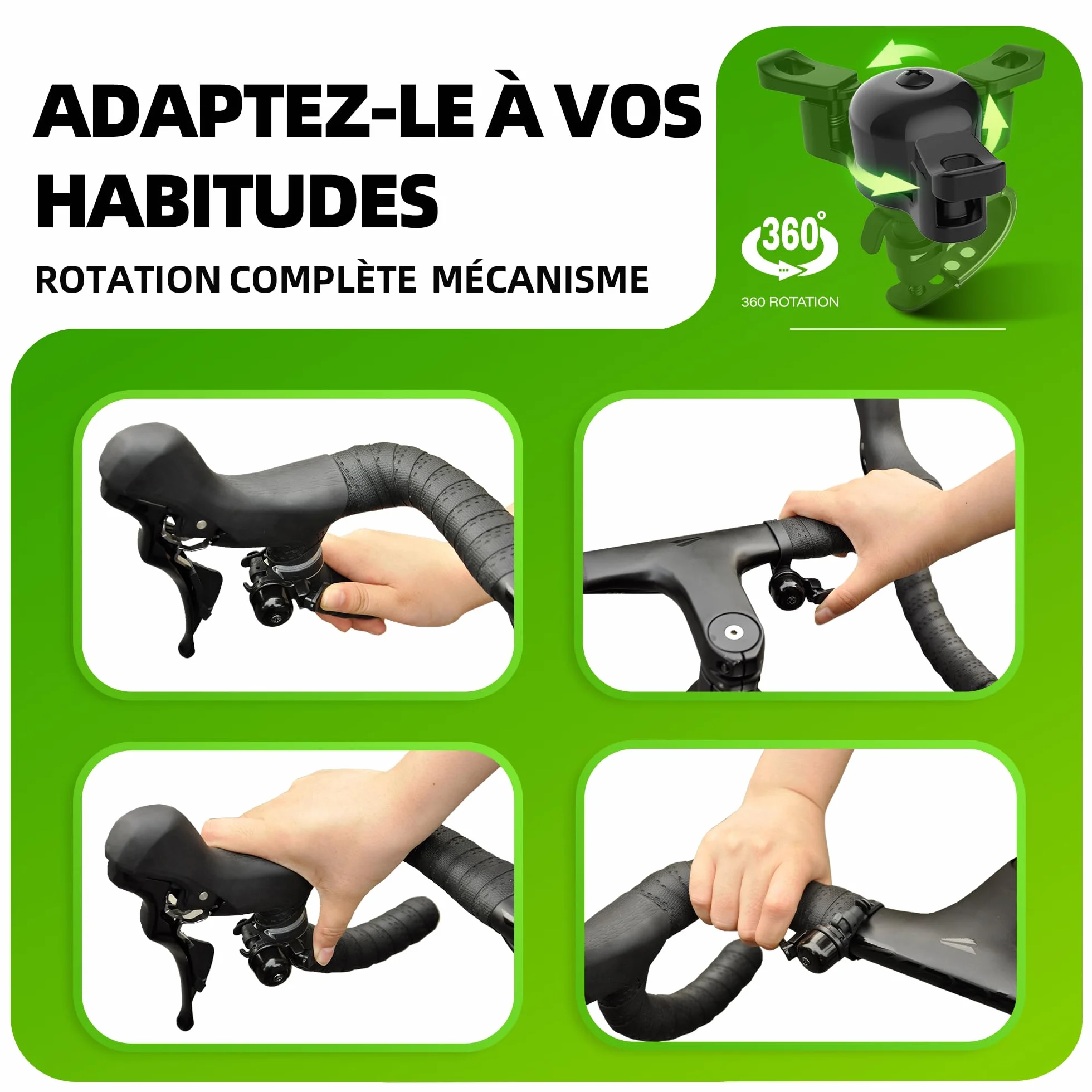 Sonnette Vélo Puissante 100 DB Rotation 360° Compatible Guidons 22-32 mm Route Gravel