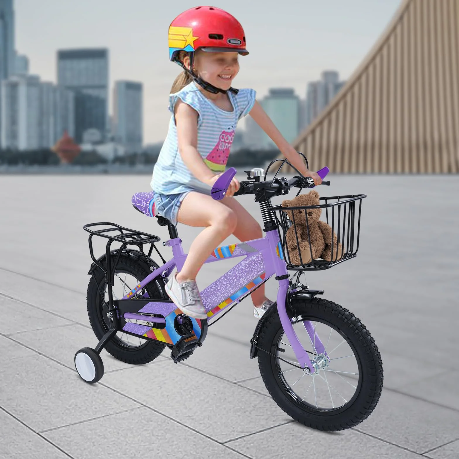 Vélo pour enfant 14 pouces avec siège arrière, panier et roues stabilisatrices, hauteur réglable 3 ans