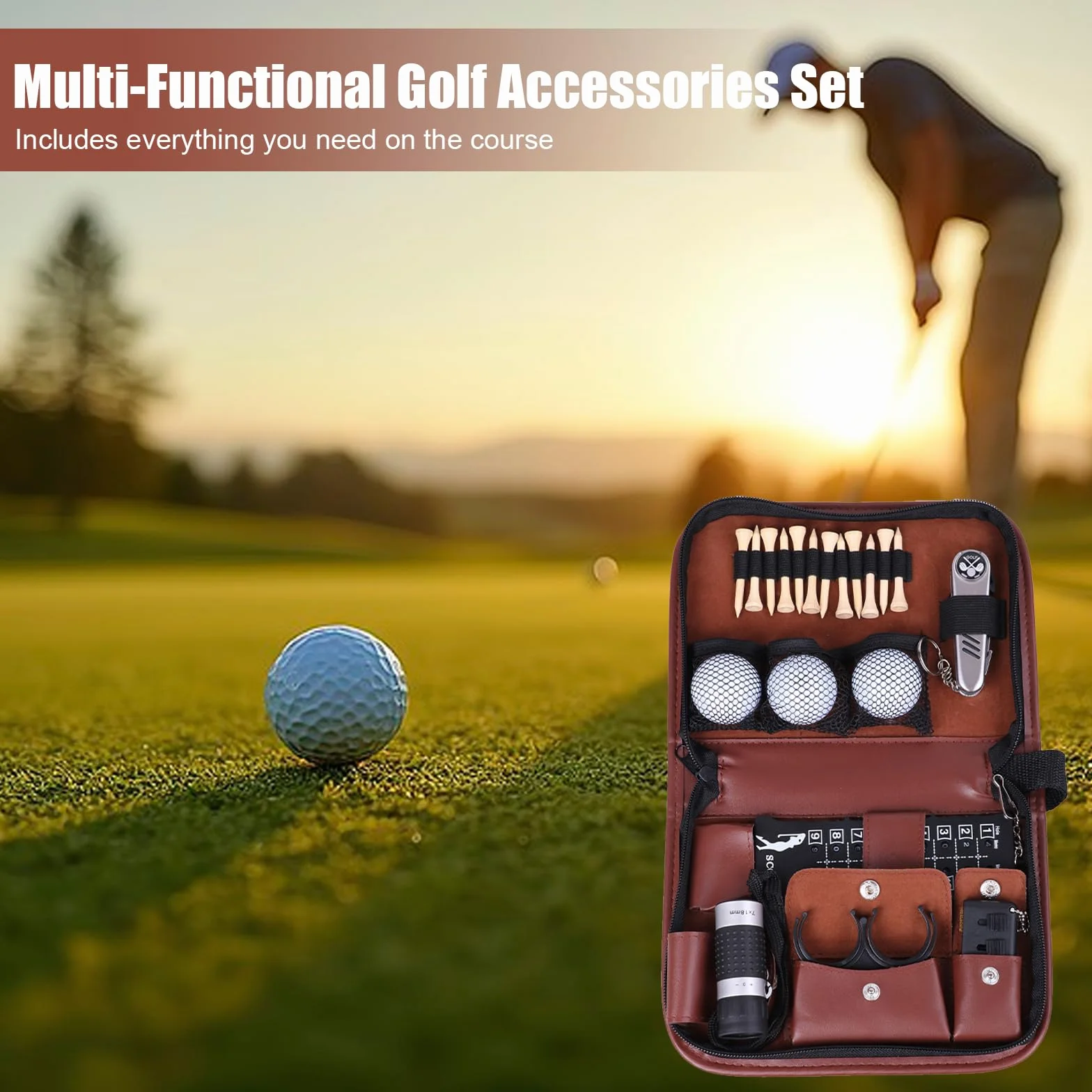 Kit Accessoires de Golf Homme Femme, Sac Multifonctionnel 7 en 1 avec Trousse PU, Cadeau pour Golfeur Complet Brosse Nettoyage, Rampasse-Ball, Fourchette de Green