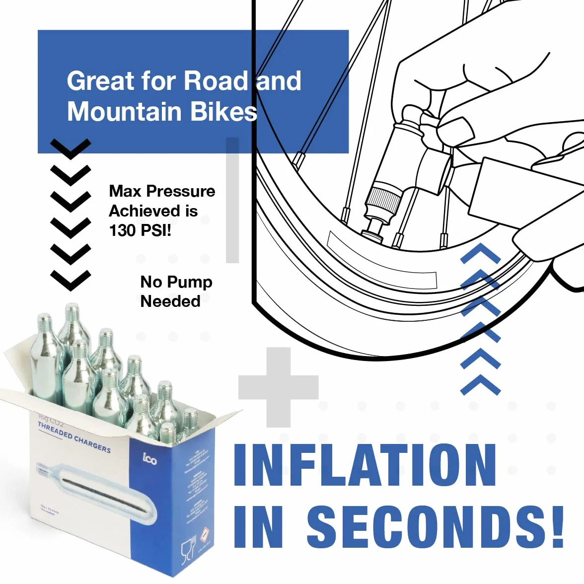 ICO Cartouche CO2 16g Filetées pour Gonflage Express des Pneus VTT Vélo Route Qualité Alimentaire