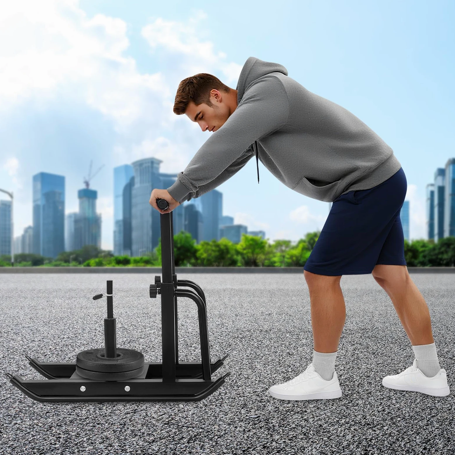 Luge de fitness réglable, capacité de charge de 200 kg, réglable en hauteur sur 5 niveaux pour l'entraînement de poussée et de traction, compatible avec disques de poids de 1" et 2", luge