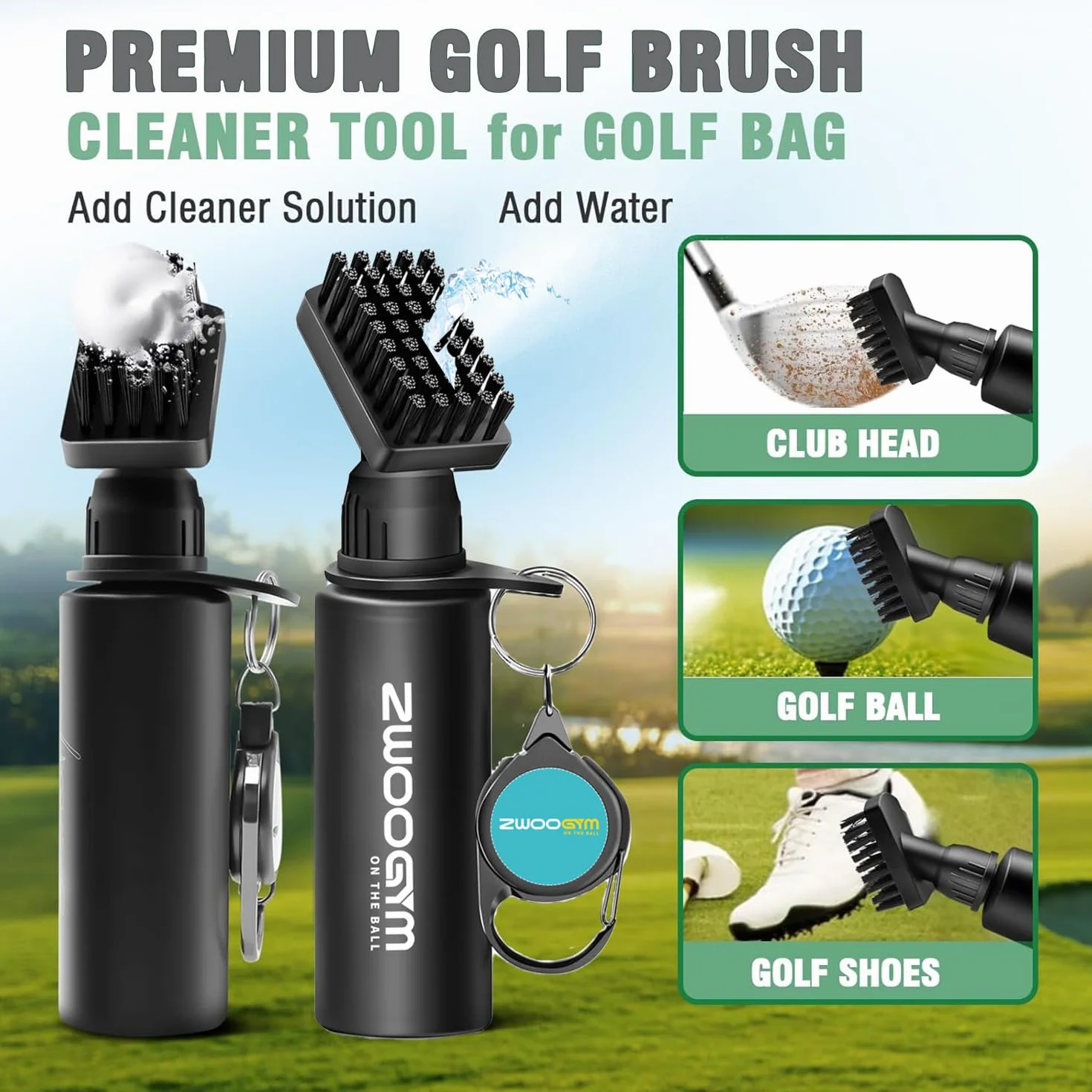 Pro Ensemble de nettoyage pour club de golf, brosse à eau avec clip de maintien et flacon de 4oz, aiguiseur de rainure de golf, convient pour rainures U et V (brosse noire + aiguiseur de