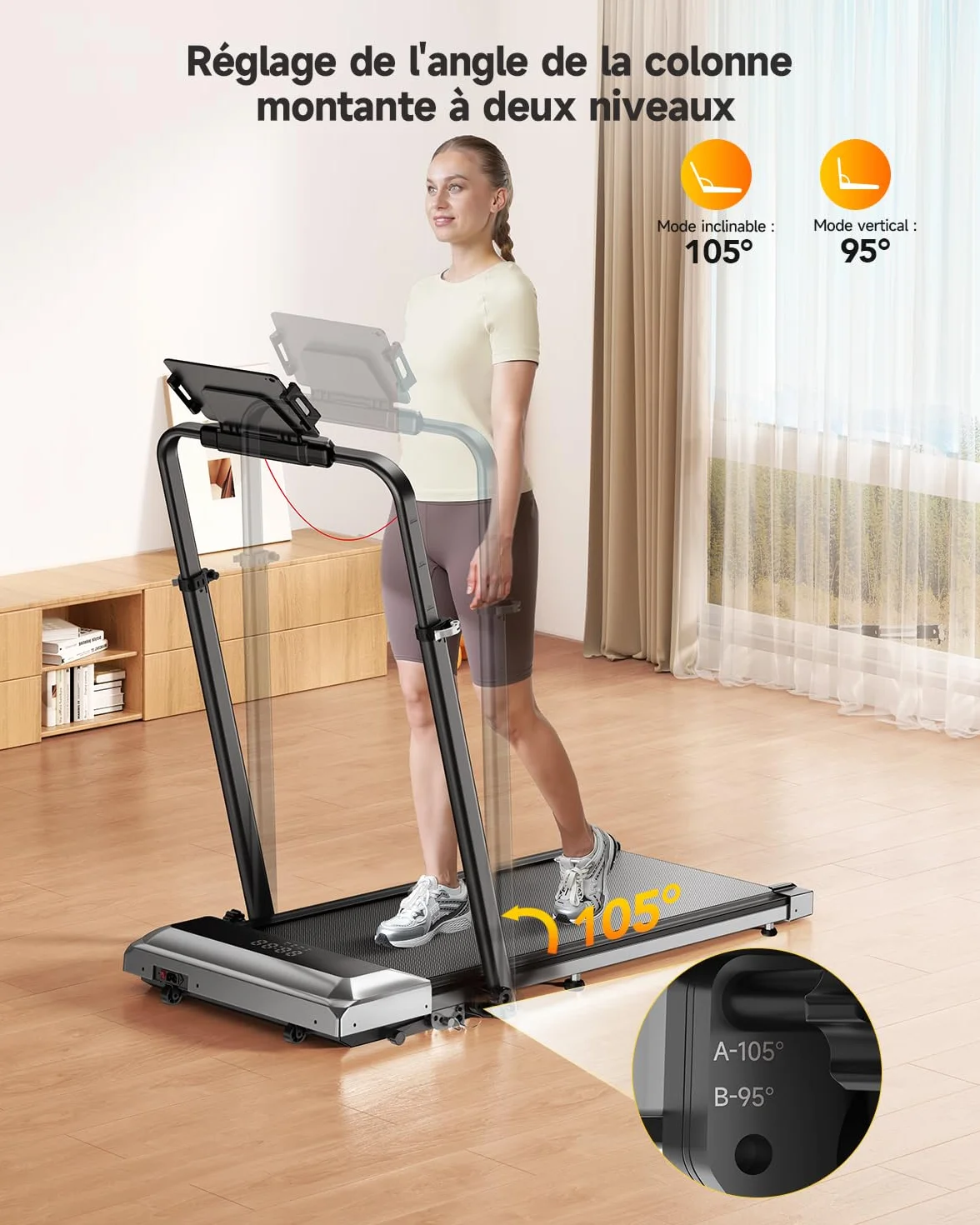 Tapis de Course 6 en 1, Pente 1%-12%, Vitesse 12km/h, 2.5 HP, Colonne Télescopique 115cm