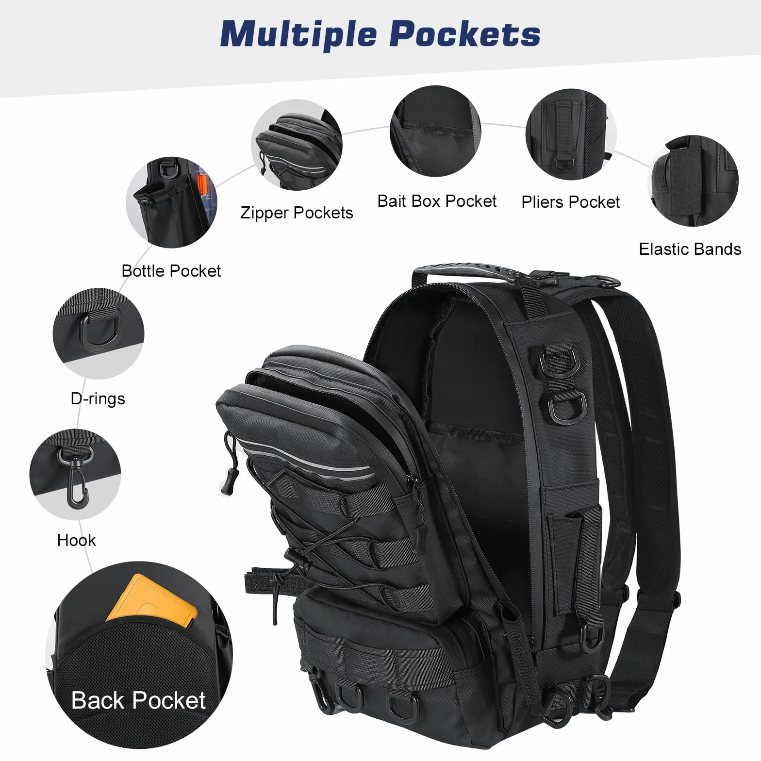MoKo Sac à dos de pêche imperméable avec support canne, rangement accessoires nylon, camping, chasse, Noir
