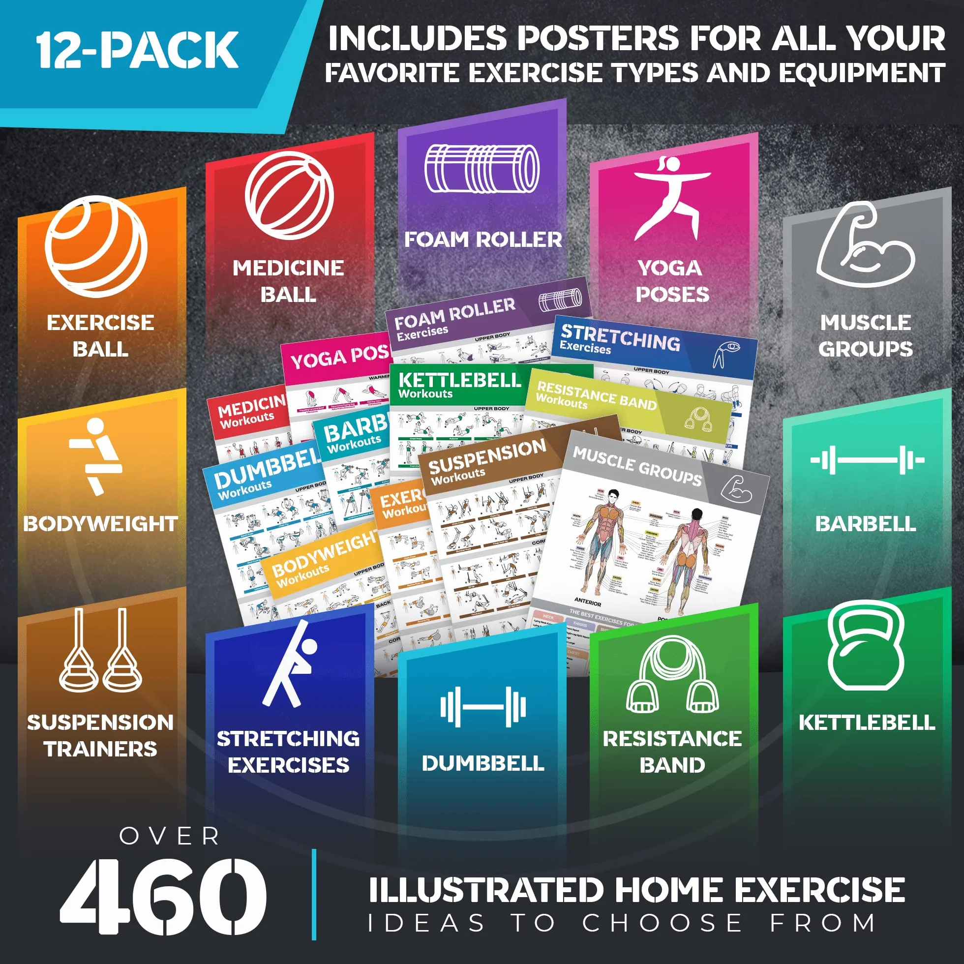 Pack de 12 Grands Posters d'Entraînement Laminés - Affiches Fitness Sport pour la Maison