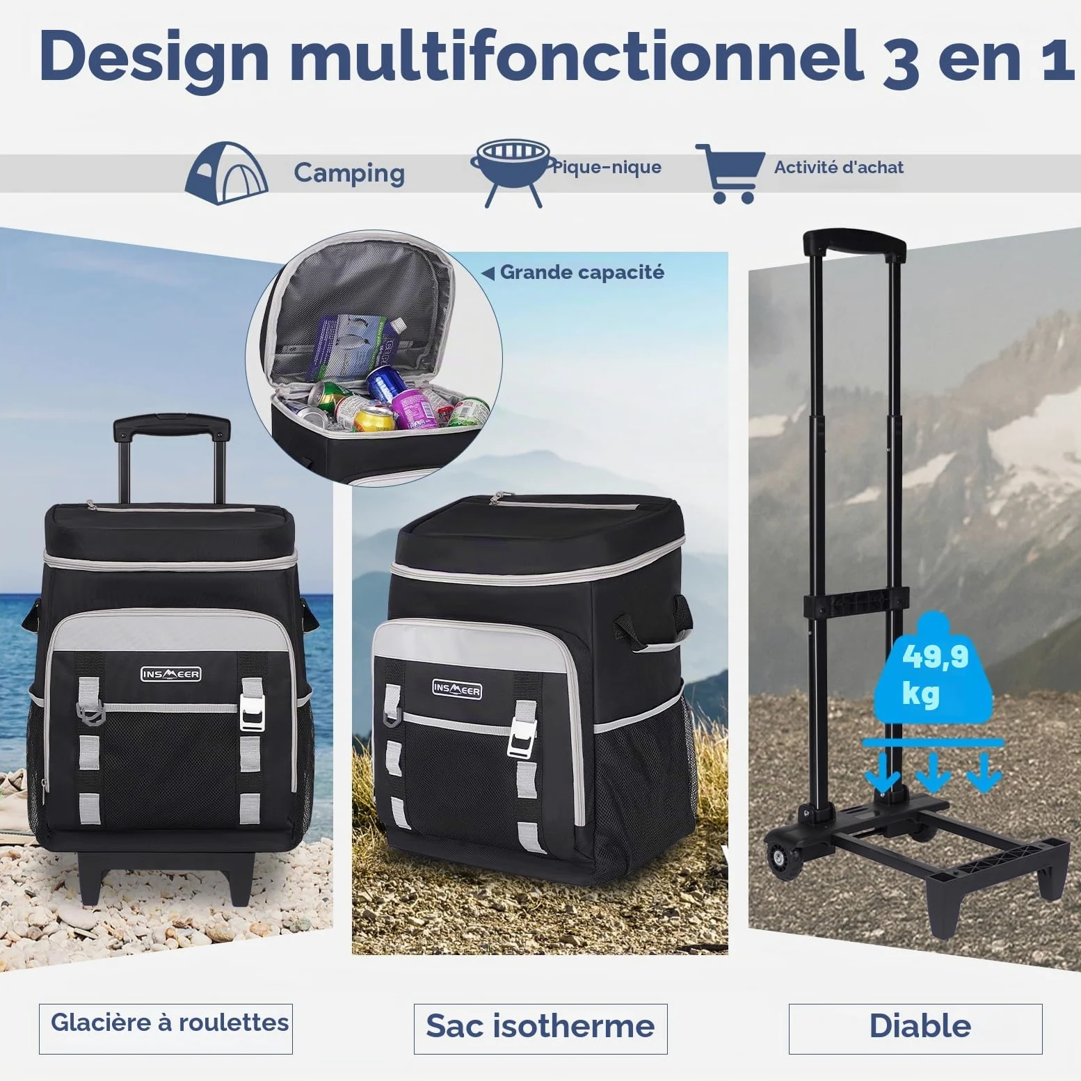 Sac isotherme à roulettes 50 L/80 canettes - Grand sac isotherme pliable et imperméable - Pour la plage, le camping, le pique-nique, le shopping