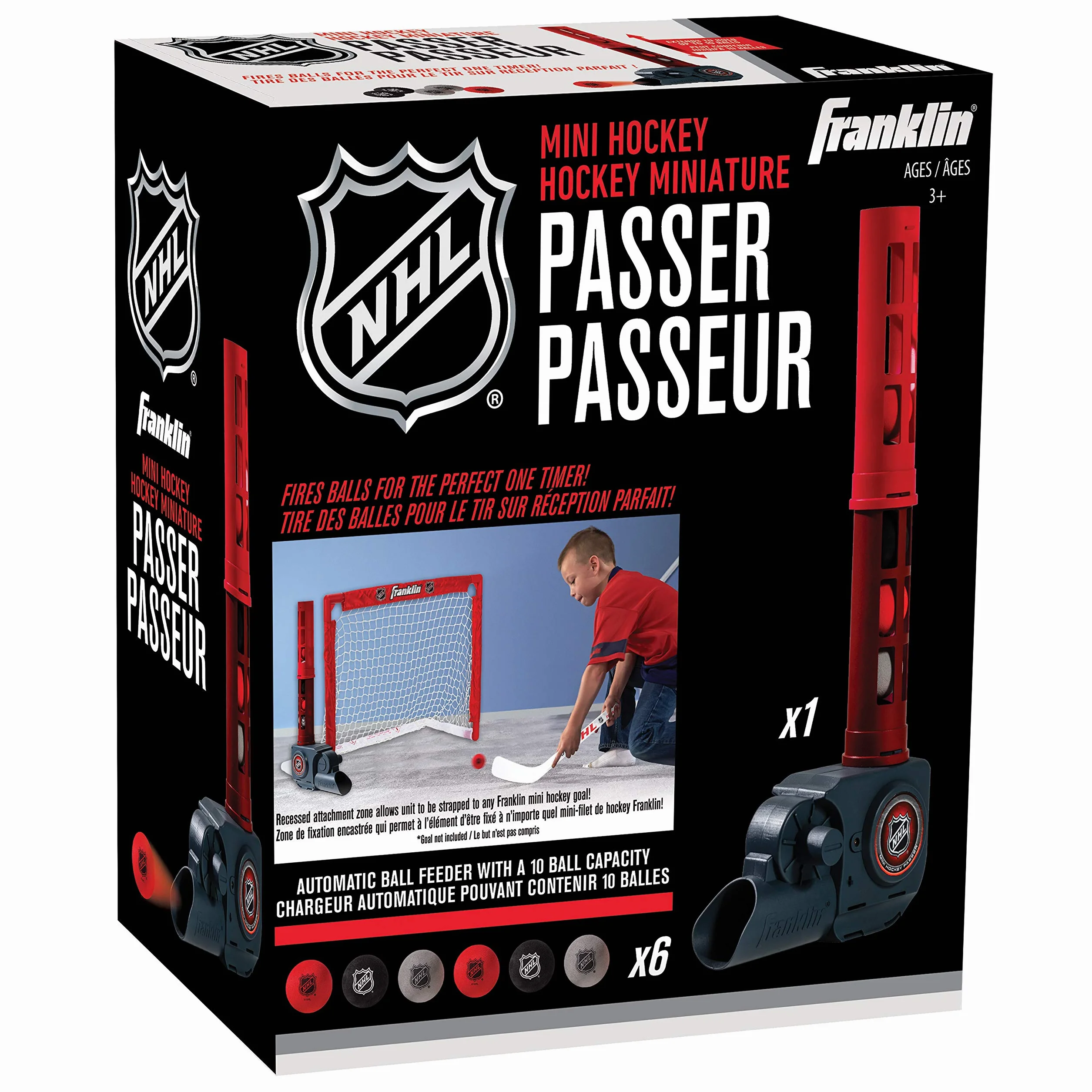 Franklin Sports Mini Passant de Balle de Hockey Automatique – Patte de Balle au Genou – 6 Mini Balles – Licence NHL