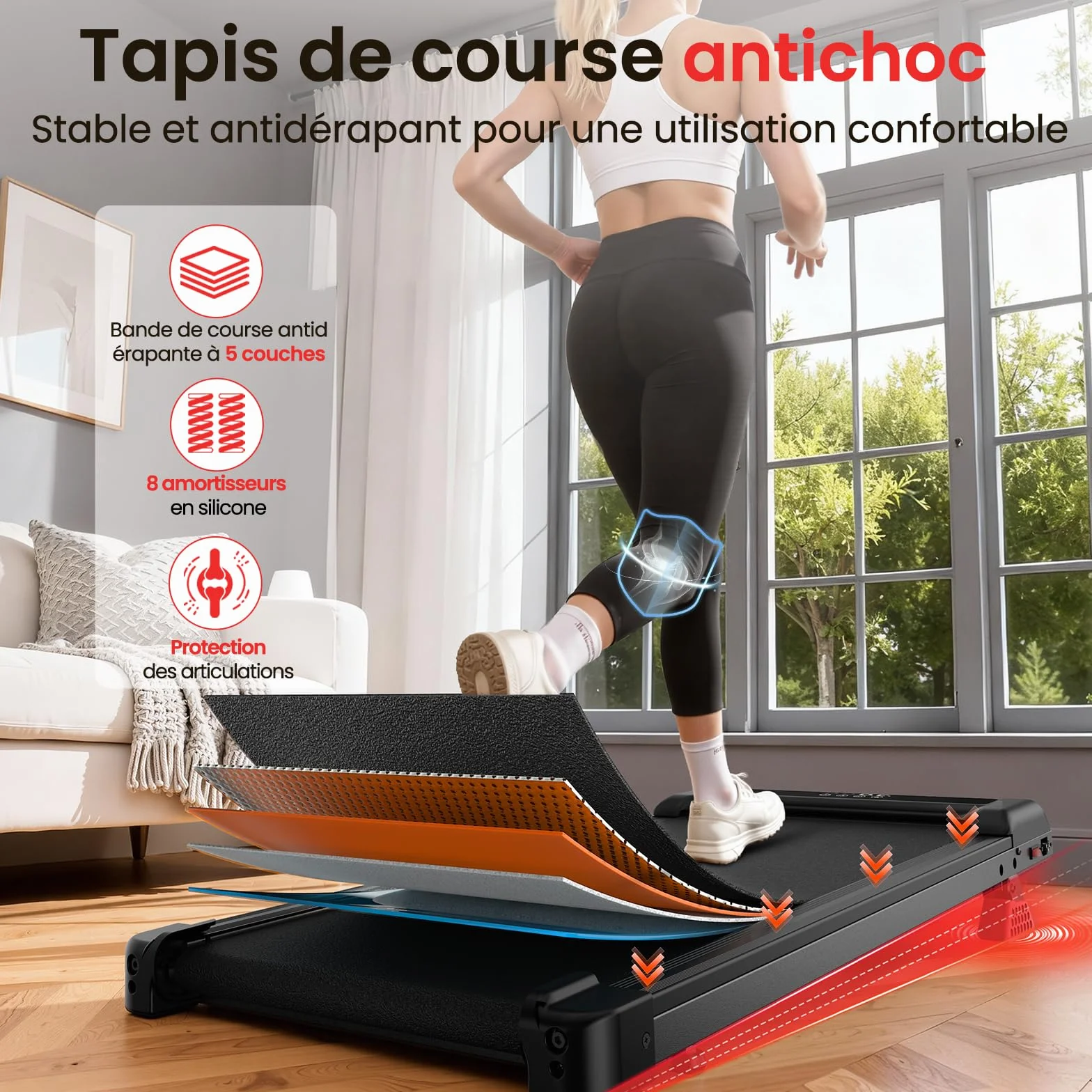 Tapis de Course 3 en 1 Pente 7% 8 km/h 2,5 CV Charge 130 kg Écran LCD