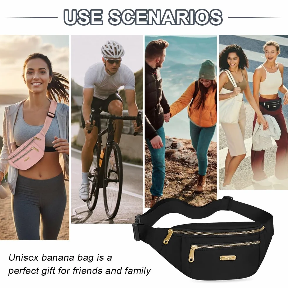 Sac Banane de Randonnée Réglable Noir - Sac Ceinture Voyage pour Outdoor, Sport, Shopping