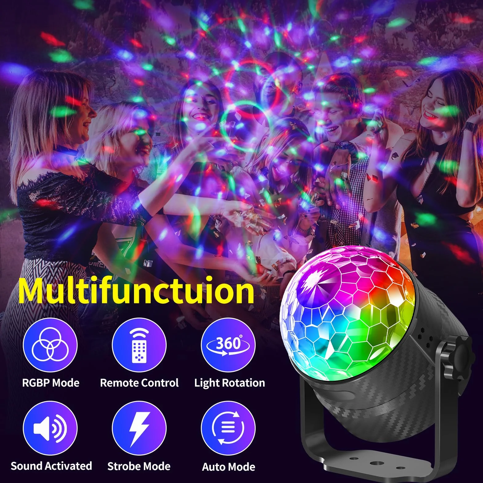 Boule disco 360° rotation contrôlée par musique RGBP 15 couleurs avec télécommande câble 2 mètres